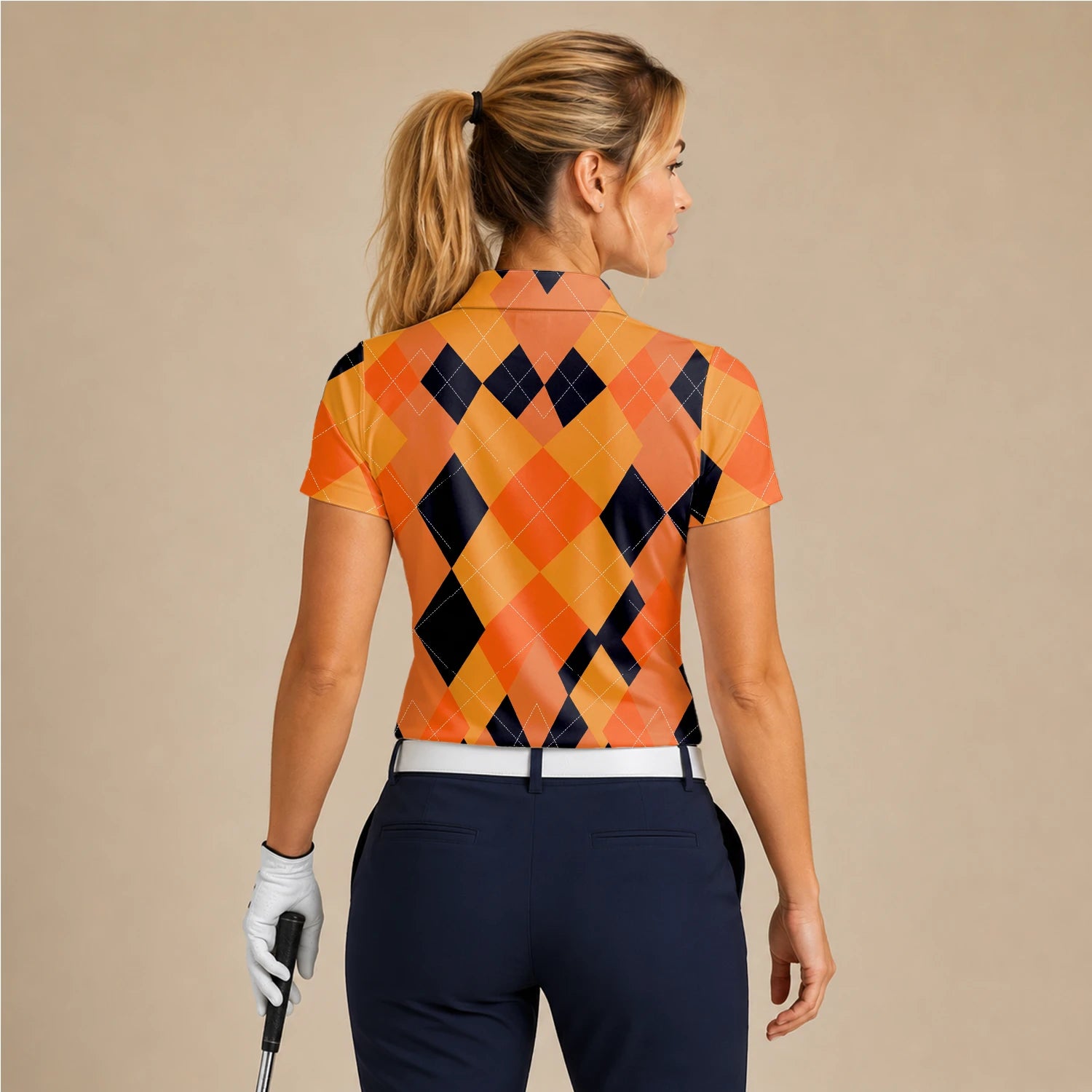 Personalised Orange Black Argyle Diamond Golf Polo Shirt For Women C4203