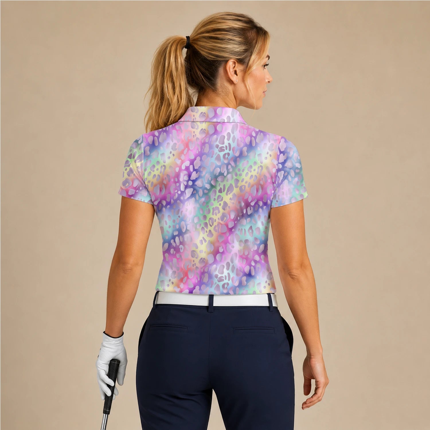 Personalised Pastel Rainbow Leopard Print Golf Polo Shirt For Women E5373