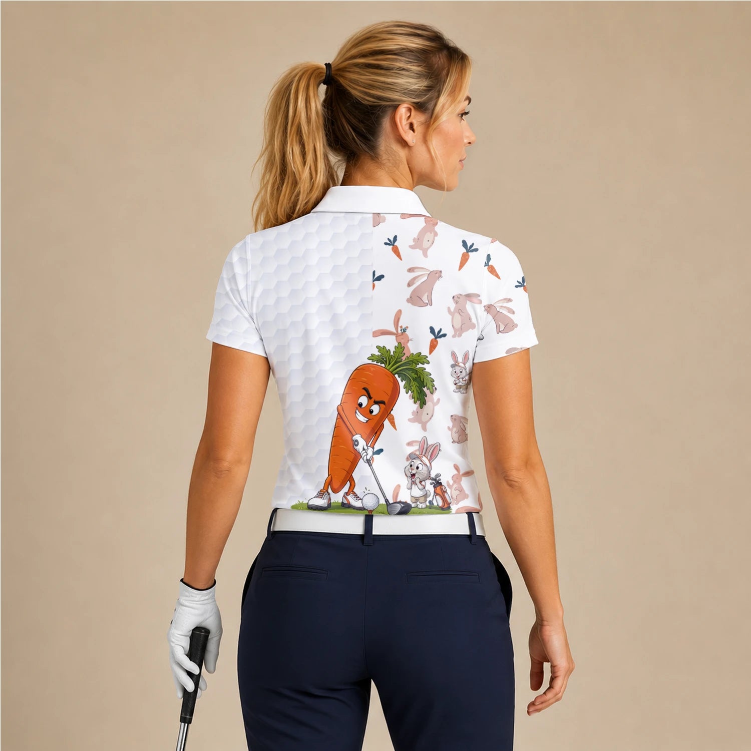 Personalised White Carrot Bunny Golfer Cartoon Golf Polo Shirt For Women Y6359
