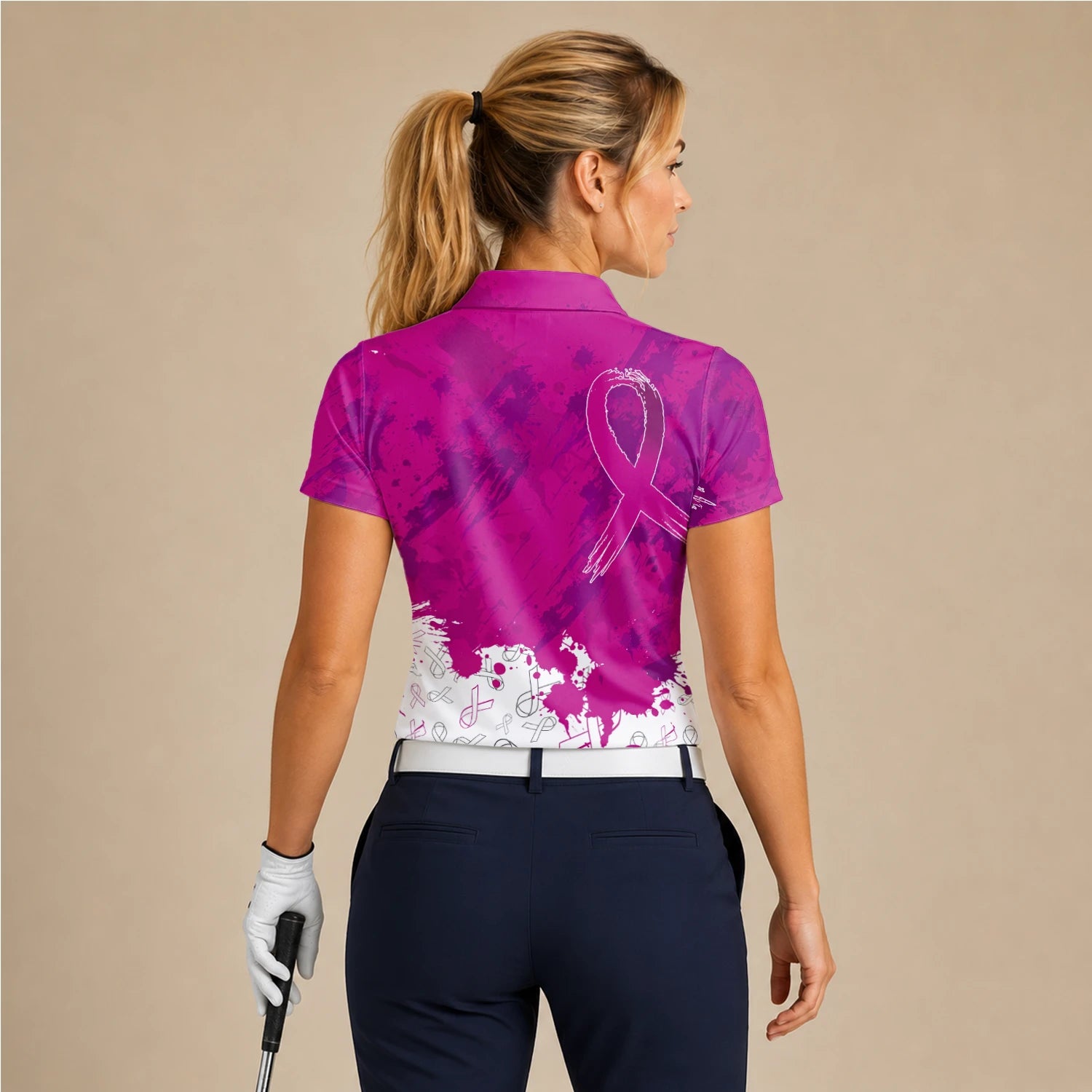 Personalised Magenta Breast Cancer Awareness Ribbon Paint Splash Golf Polo Shirt For Women Q5636