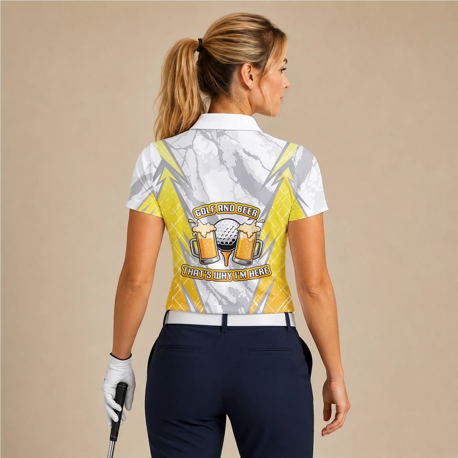 Personalised Grey Yellow Golf And Beer Slogan Golf Polo Shirt For Women P2319