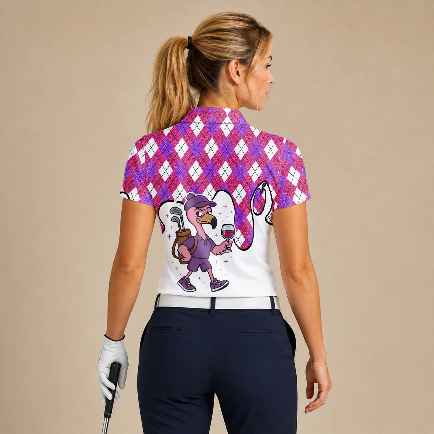 Personalised Pink Purple Argyle Ostrich Golfer Cartoon Golf Polo Shirt For Women D7000