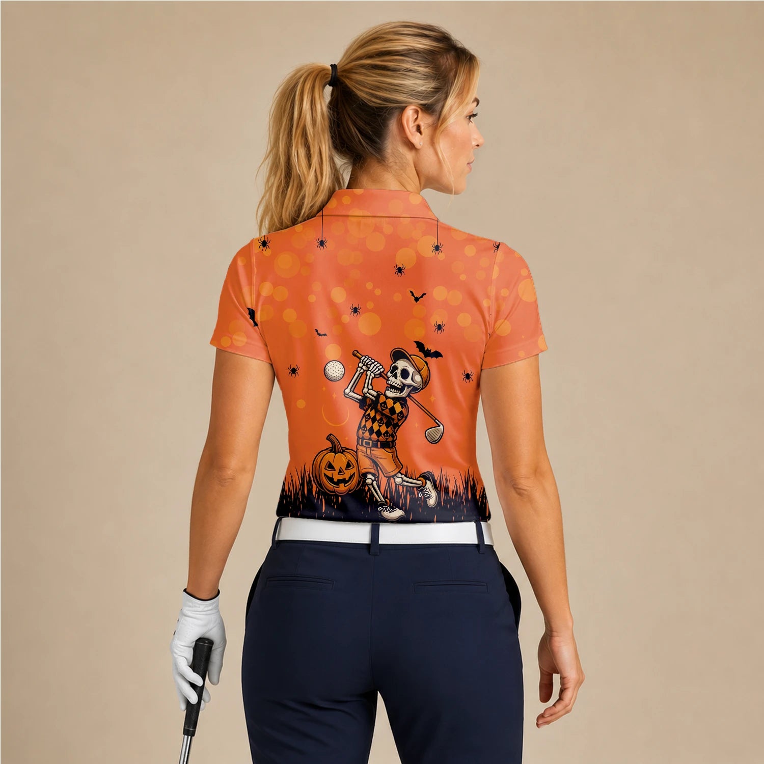Personalised Orange Halloween Skeleton Golfer Golf Polo Shirt For Women D3851
