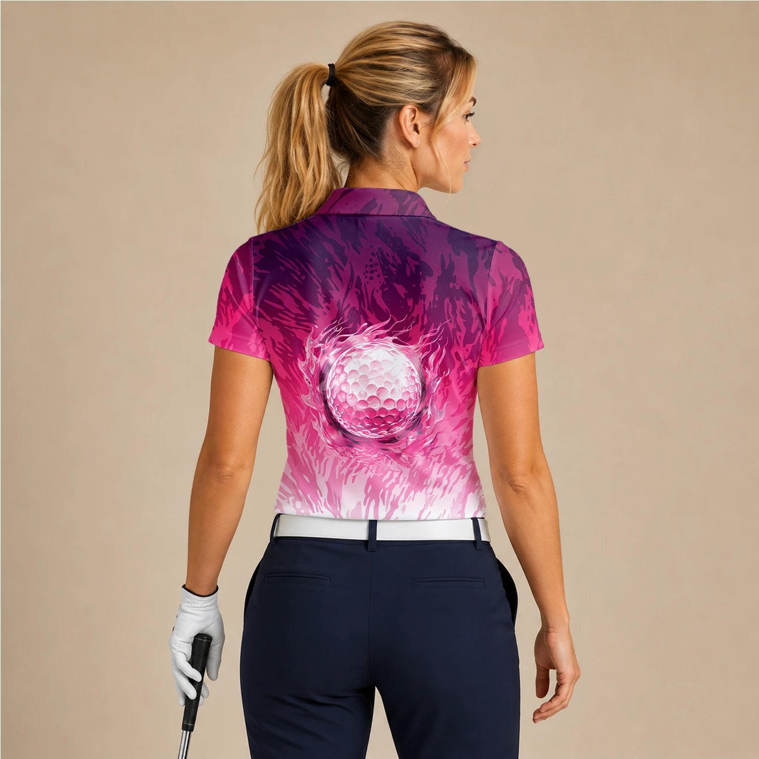 Personalised Pink Flamingo Golfer Paint Splash Golf Polo Shirt For Women R4990