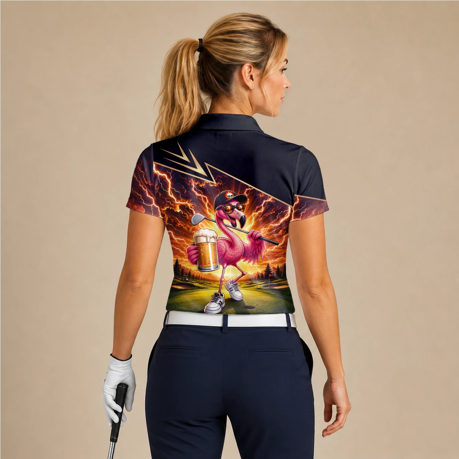 Personalised Black Orange Flamingo Beer Golfer Lightning Golf Polo Shirt For Women E3673