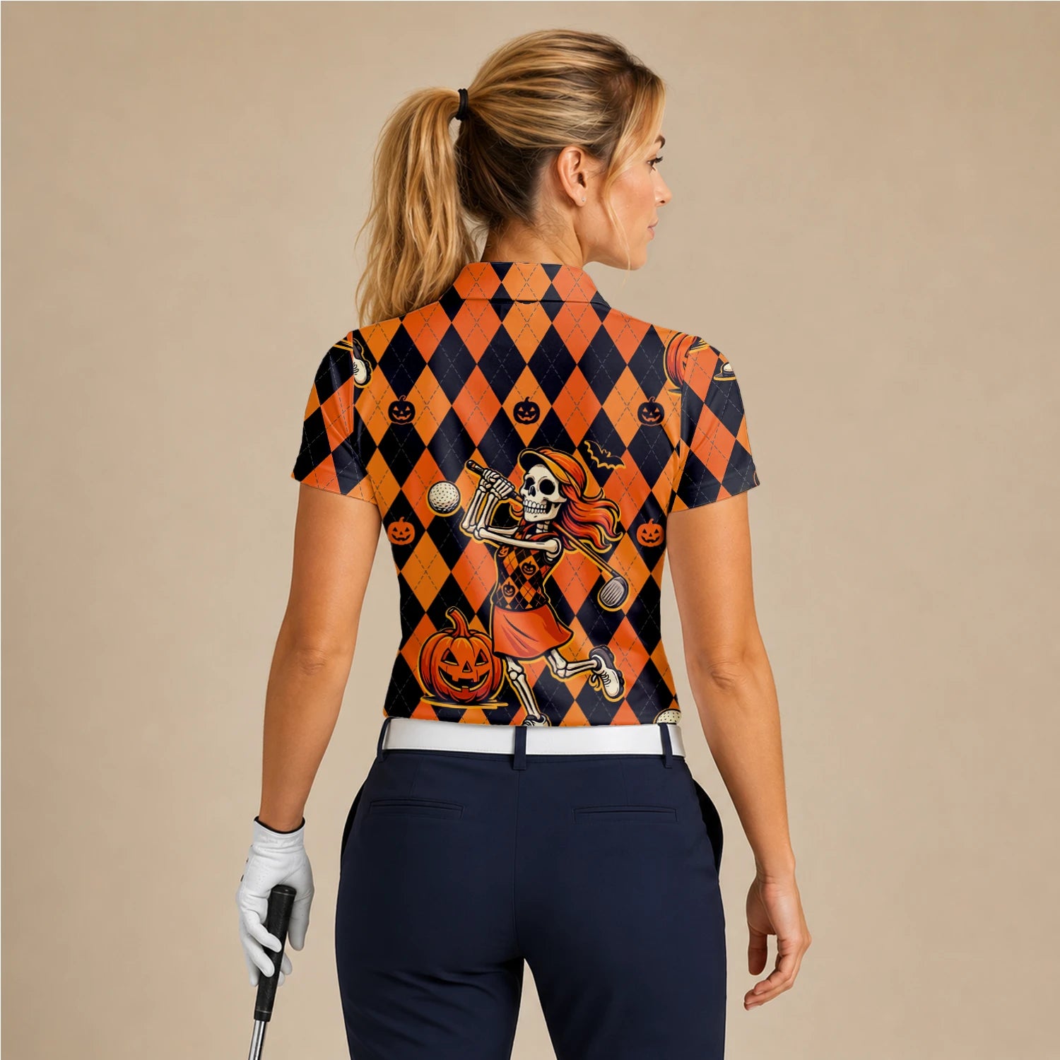 Personalised Orange Black Halloween Skeleton Golfer Pumpkin Argyle Golf Polo Shirt For Women Z9562
