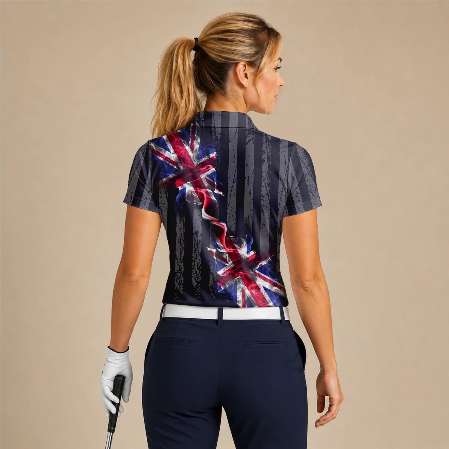 Personalised Black Union Jack Lightning Golf Polo Shirt For Women U9443