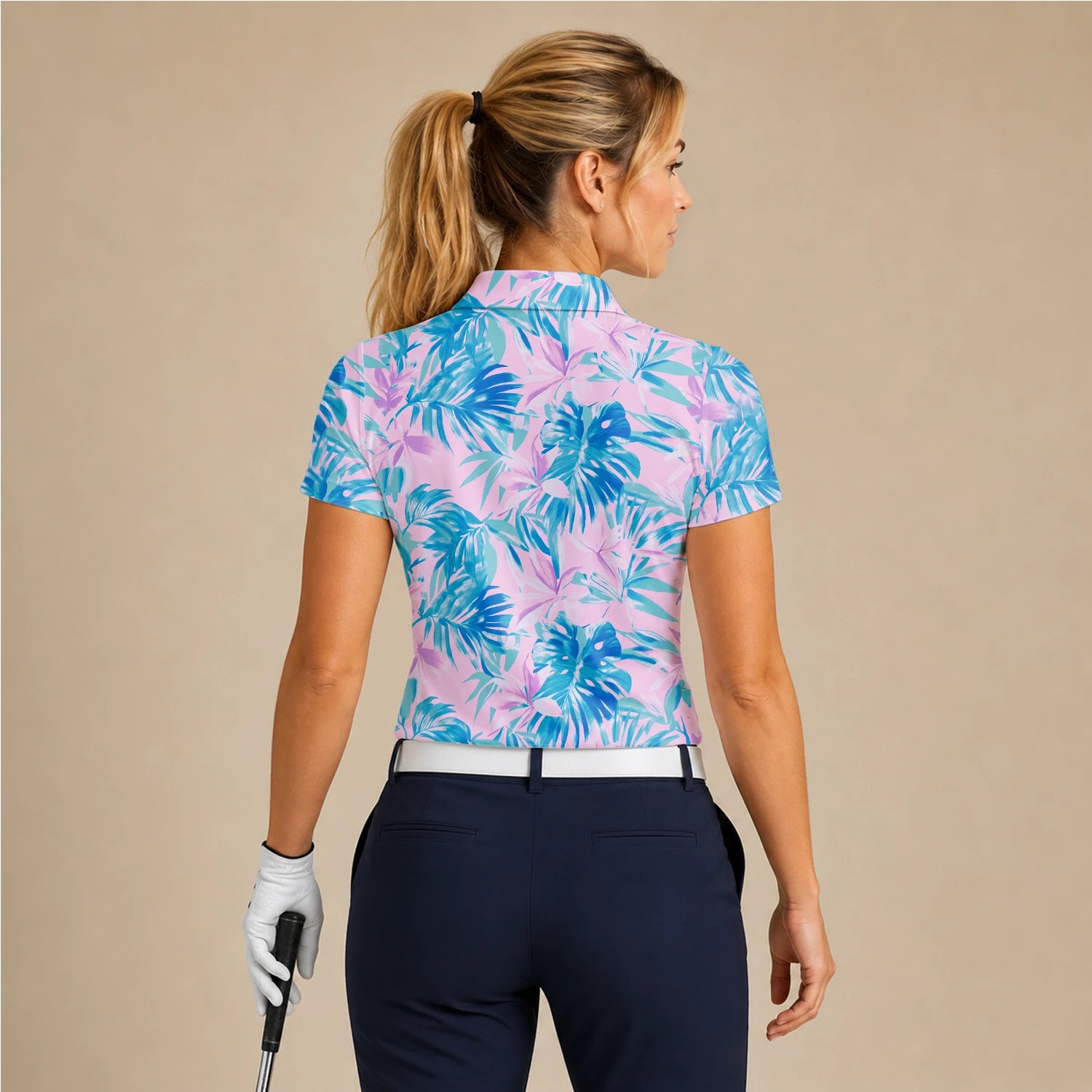 Personalised Pink Blue Tropical Leaf Golf Polo Shirt For Women K0497