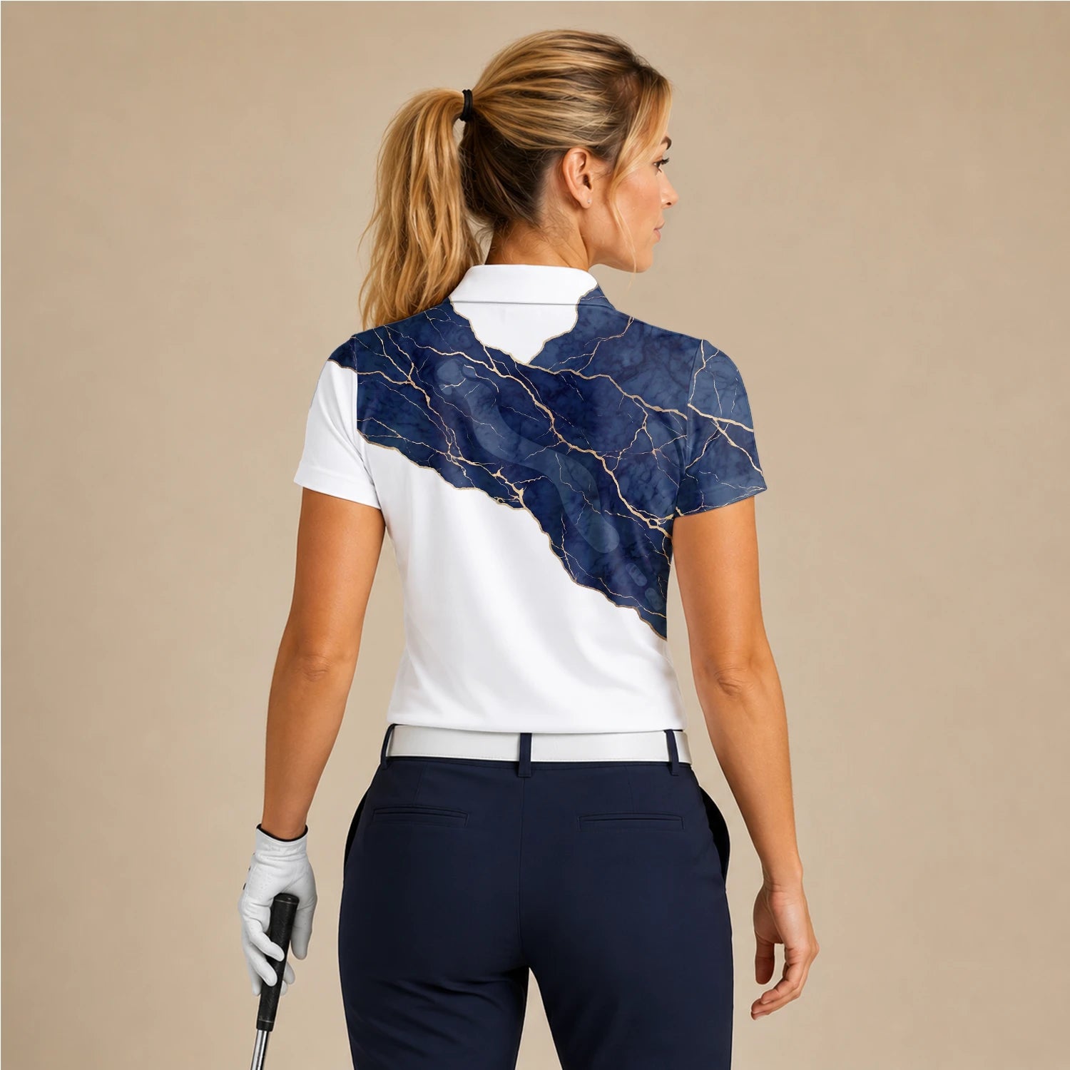 Personalised White Navy Marble Gold Vein Golf Polo Shirt For Women B4939