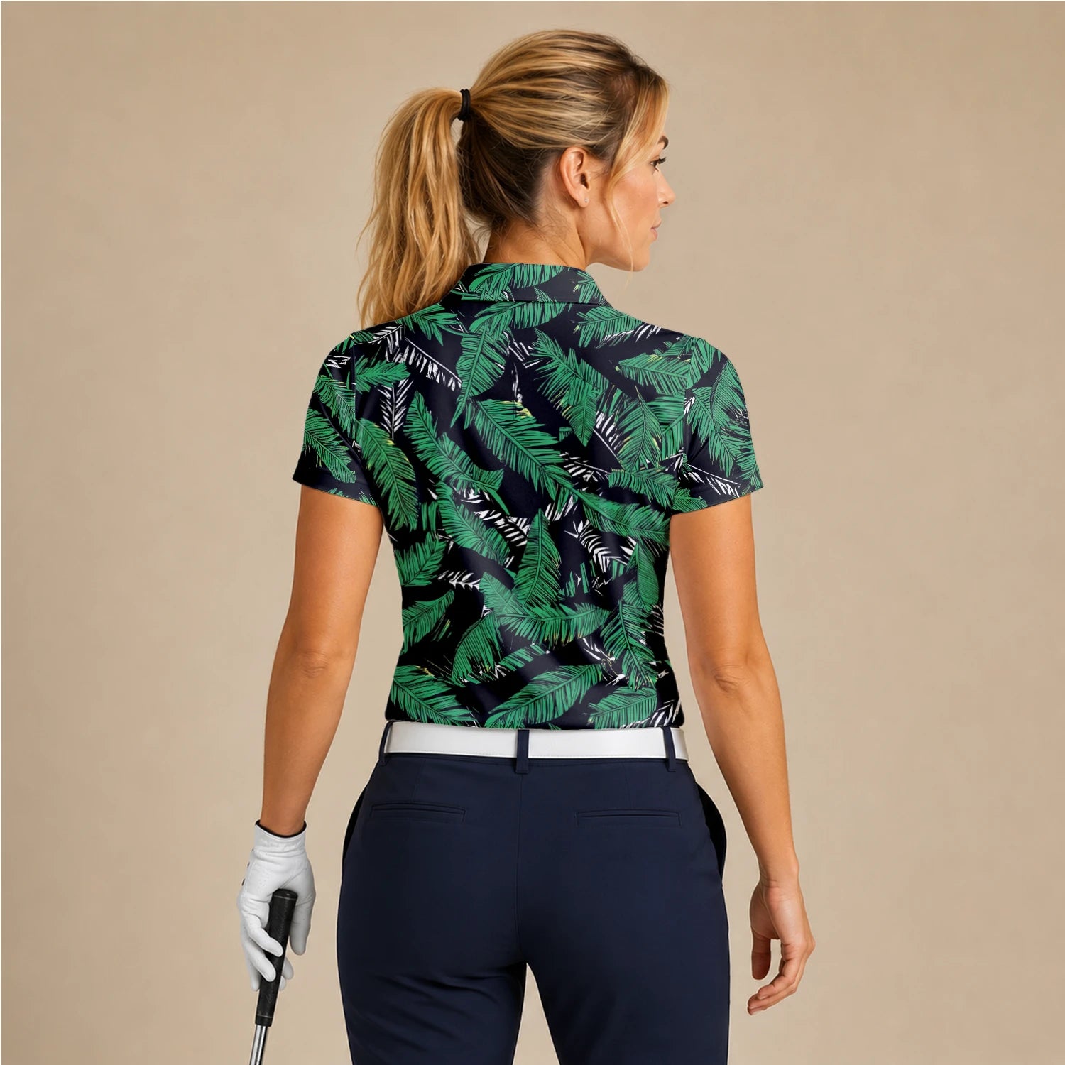 Personalised Black Green Tropical Banana Leaf Golf Polo Shirt For Women K8023