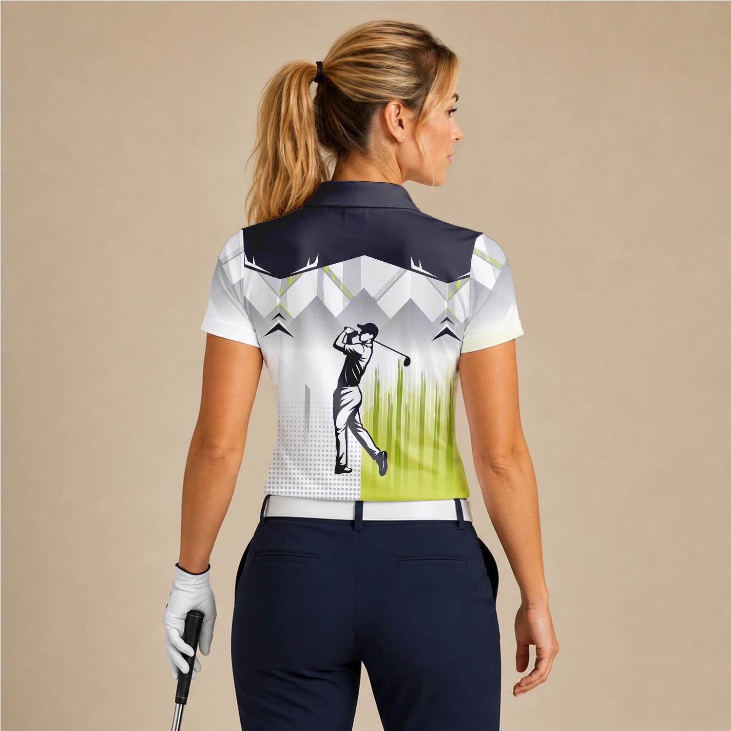 Personalised Black Grey Lime Golfer Silhouette Golf Polo Shirt For Women F4552