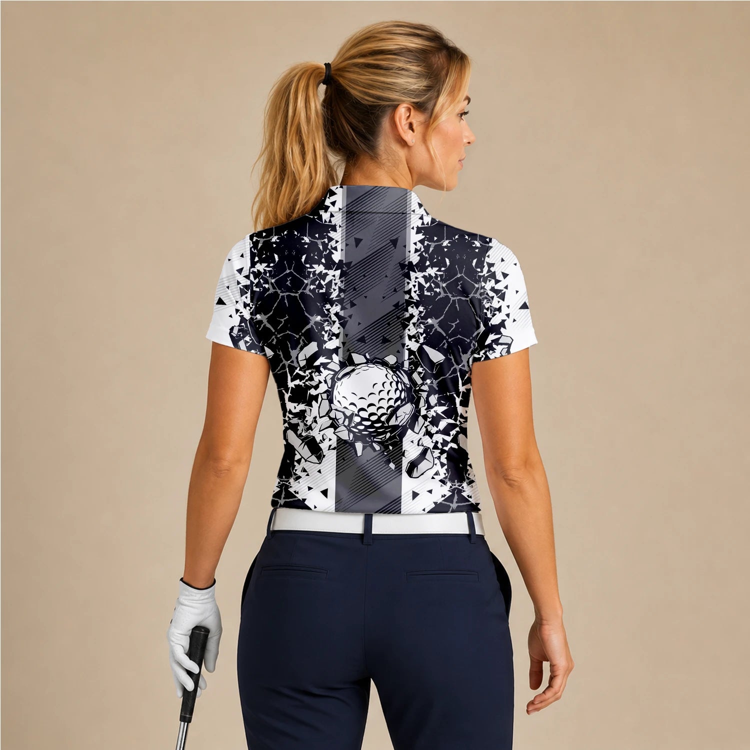 Personalised Black White Golf Ball Shattered Glass Golf Polo Shirt For Women F6407