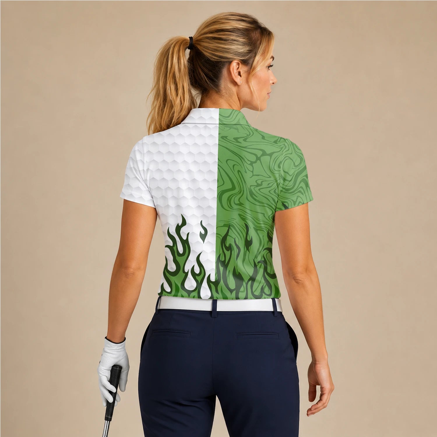 Personalised White Green Flame Marble Golf Polo Shirt For Women D2353