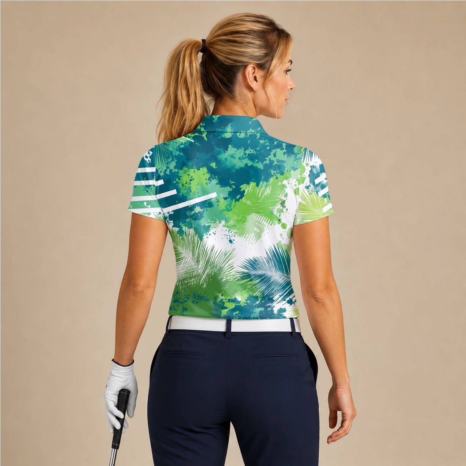 Personalised Green Blue Tropical Leaf Paint Splash Golf Polo Shirt For Women B7869