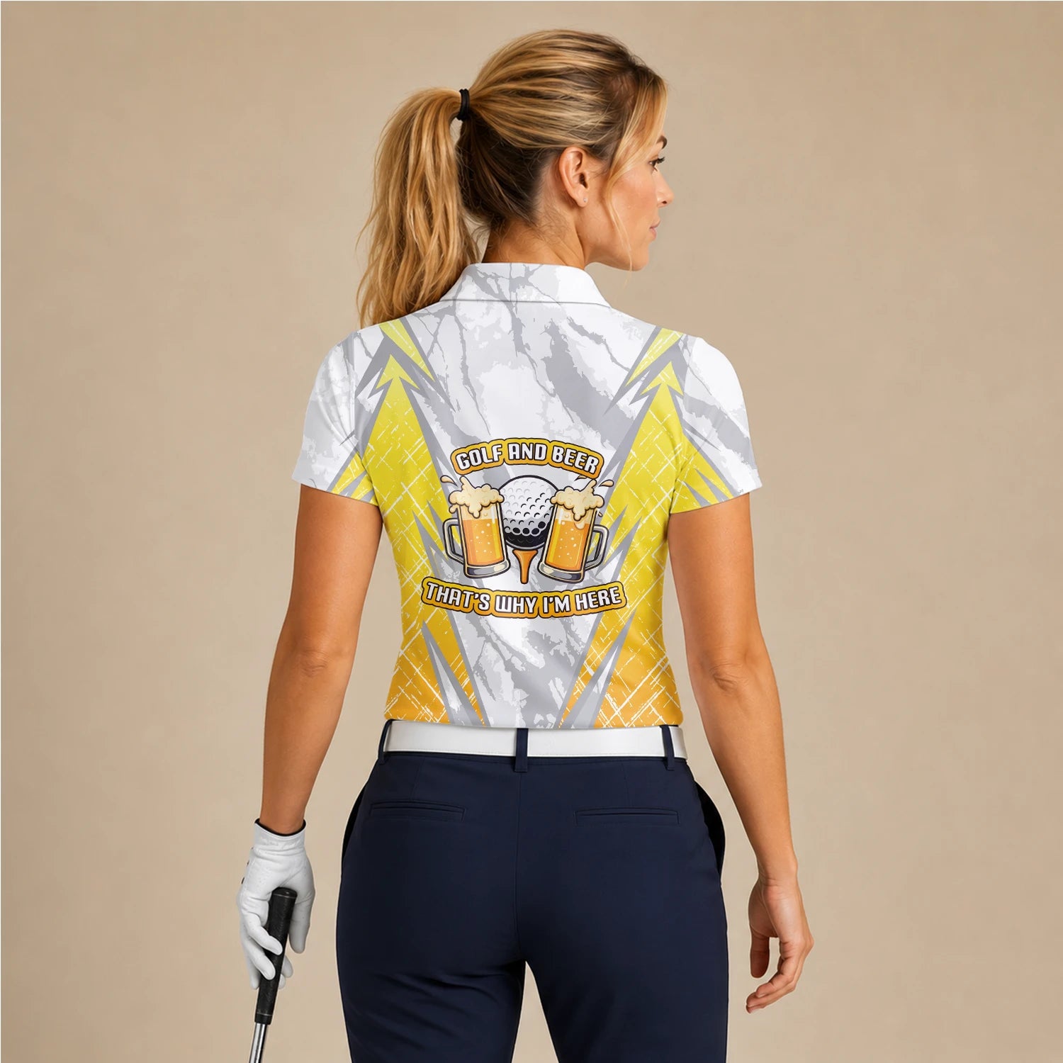 Personalised Grey Yellow Golf And Beer Slogan Golf Polo Shirt For Women P2319