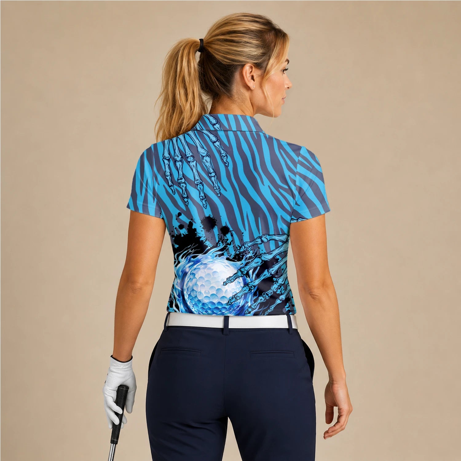 Personalised Blue Black Golf Ball Water Splash Golf Polo Shirt For Women B9791
