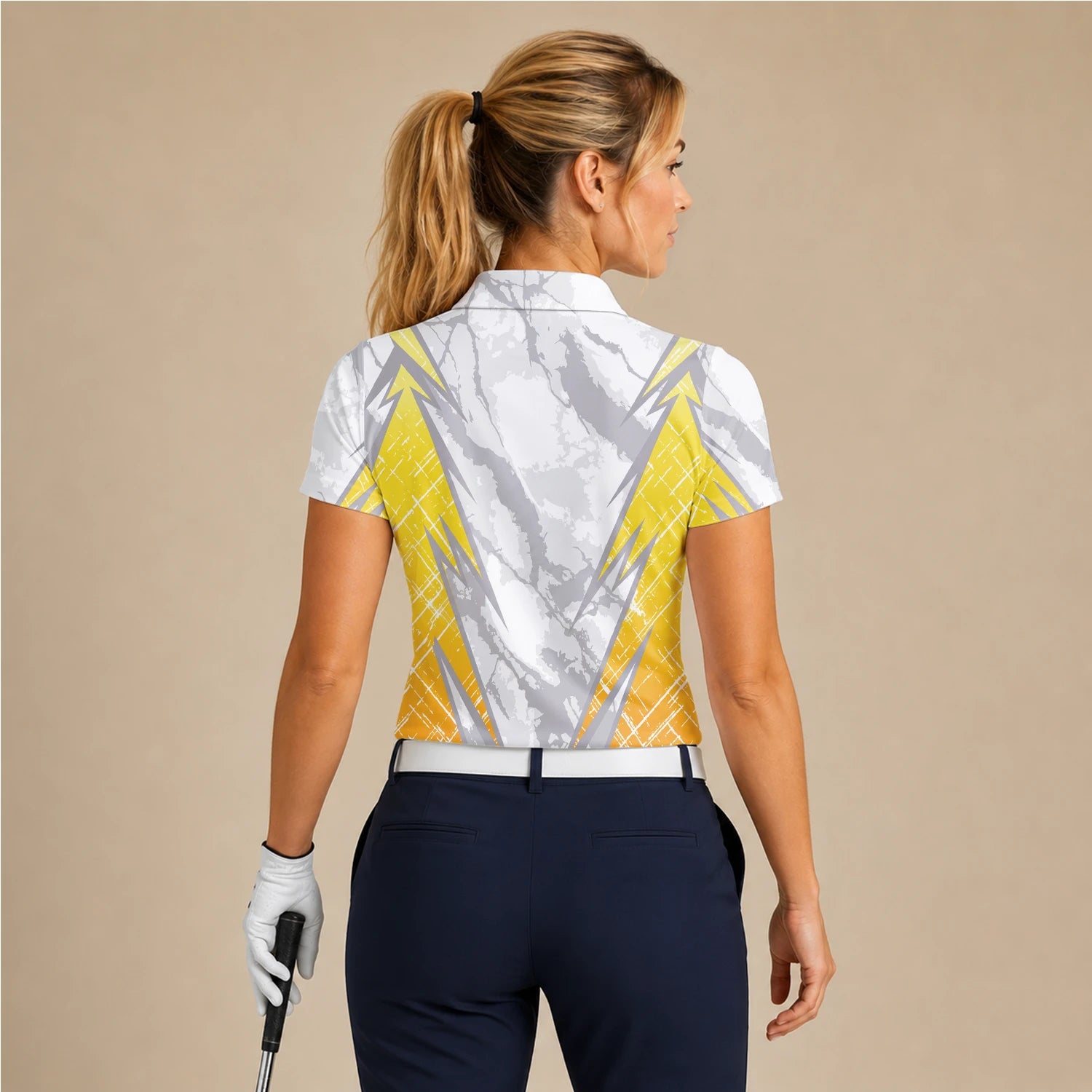 Personalised White Grey Yellow Marble Stripe Golf Polo Shirt For Women T6326