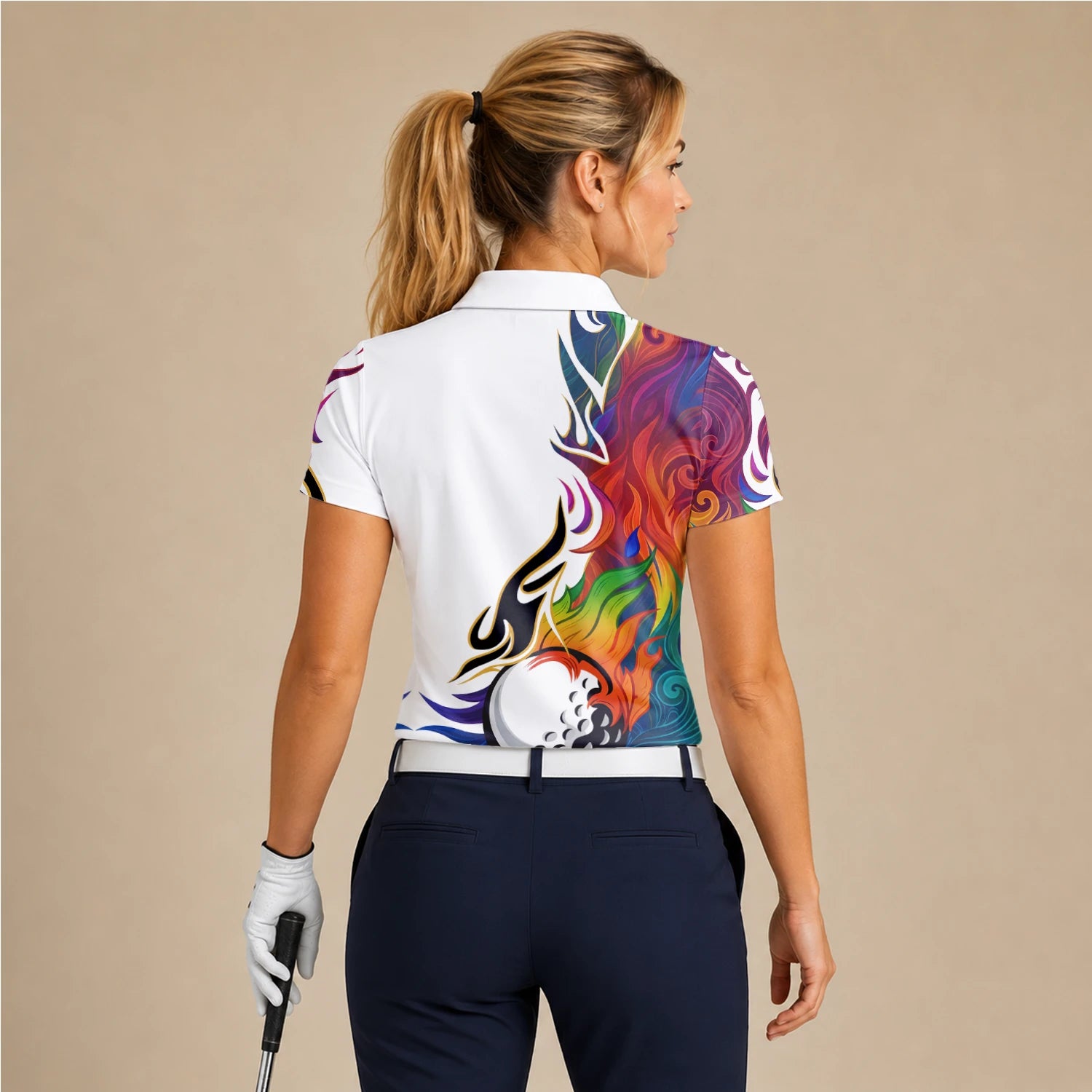 Personalised White Rainbow Flame Golf Ball Golf Polo Shirt For Women P6012