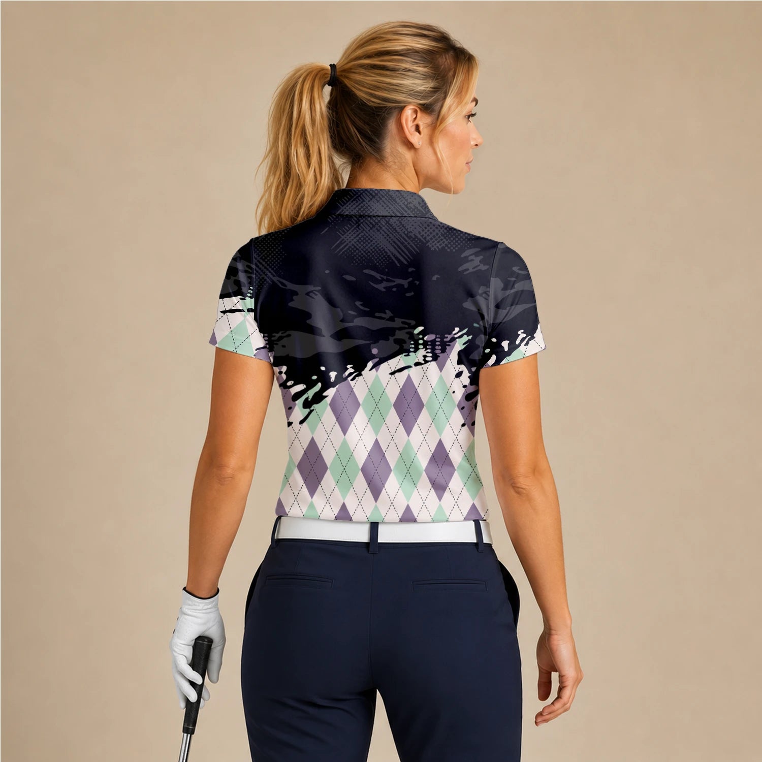 Personalised Black Mint Purple Argyle Paint Splash Golf Polo Shirt For Women C5124