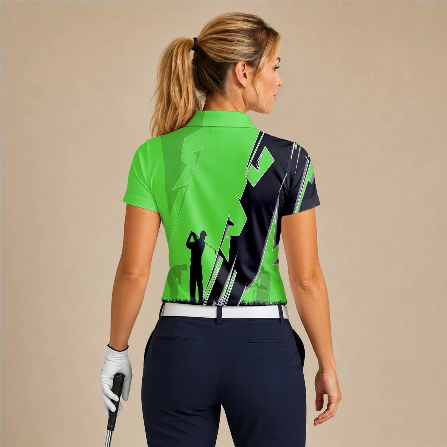 Personalised Lime Green Golfer Silhouette Lightning Golf Polo Shirt For Women V5316