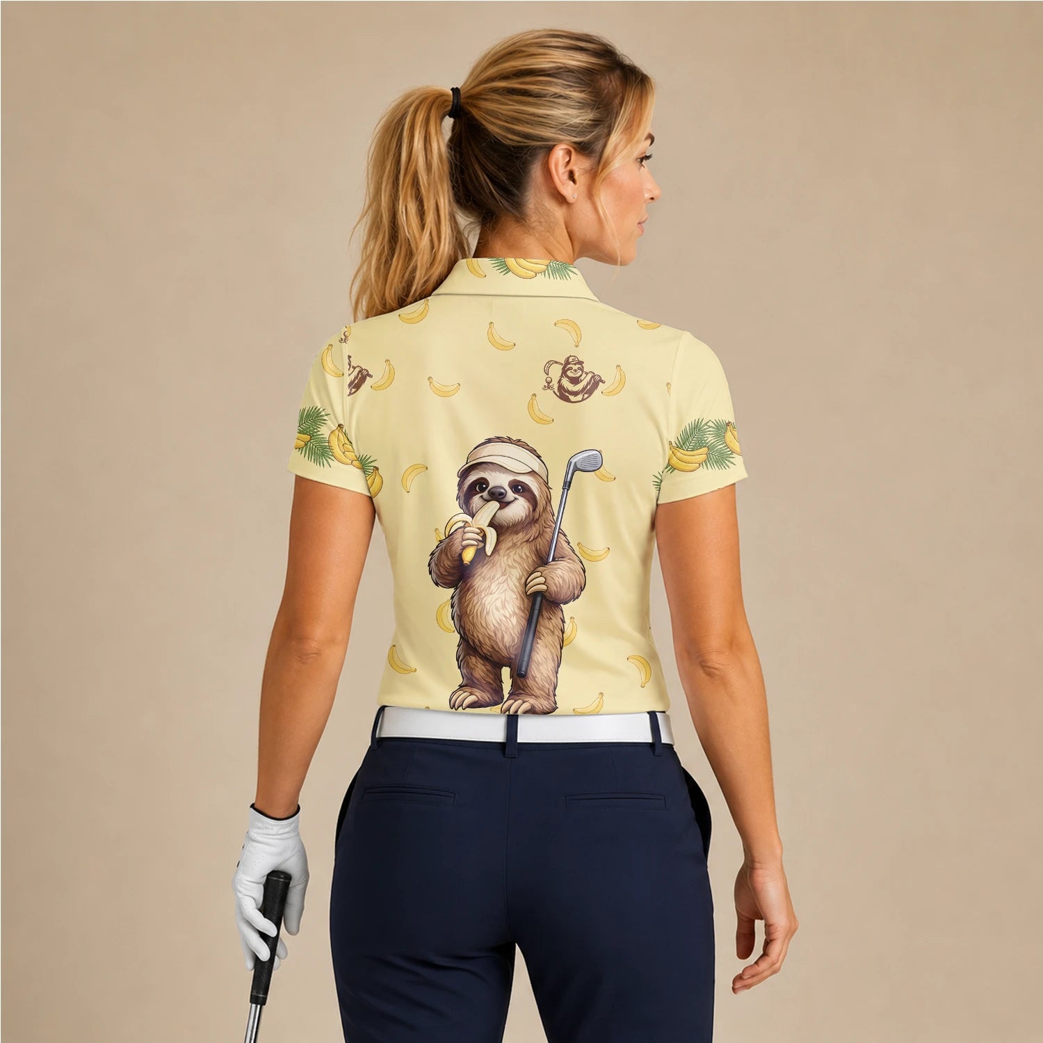 Personalised Pale Yellow Sloth Banana Golfer Cartoon Golf Polo Shirt For Women G3327