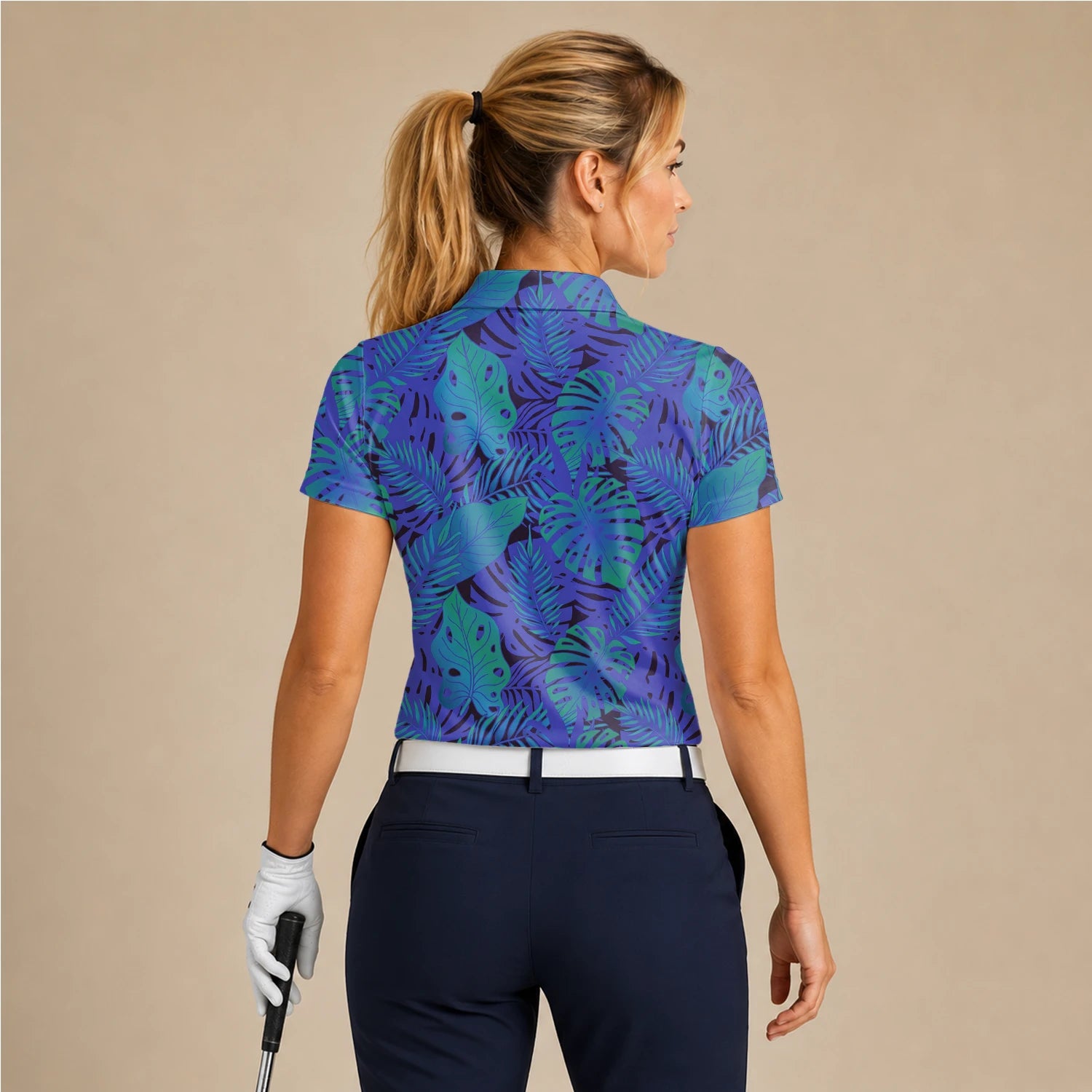 Personalised Blue Purple Tropical Monstera Leaf Golf Polo Shirt For Women G3142