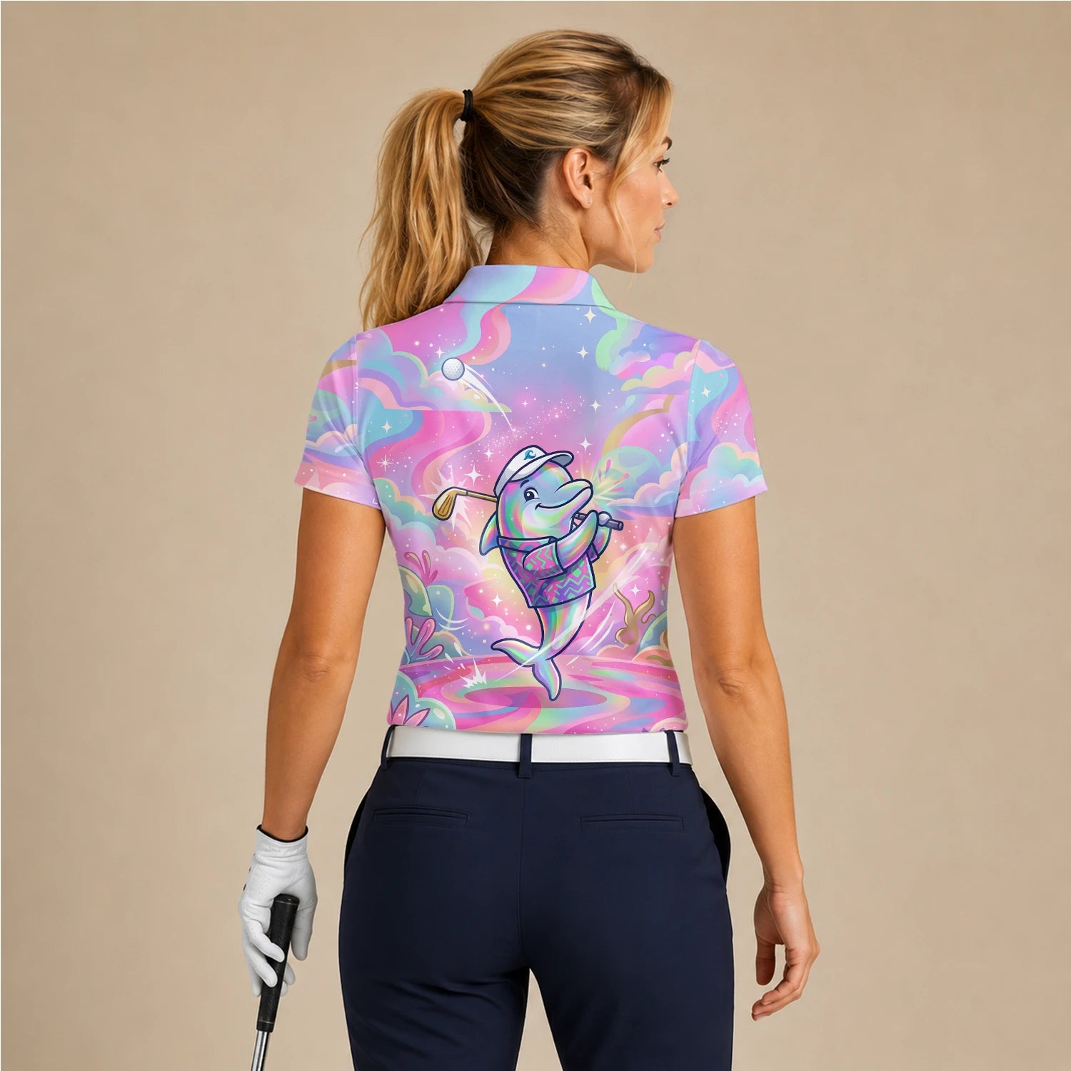 Personalised Pastel Rainbow Dolphin Golfer Cartoon Golf Polo Shirt For Women L3862