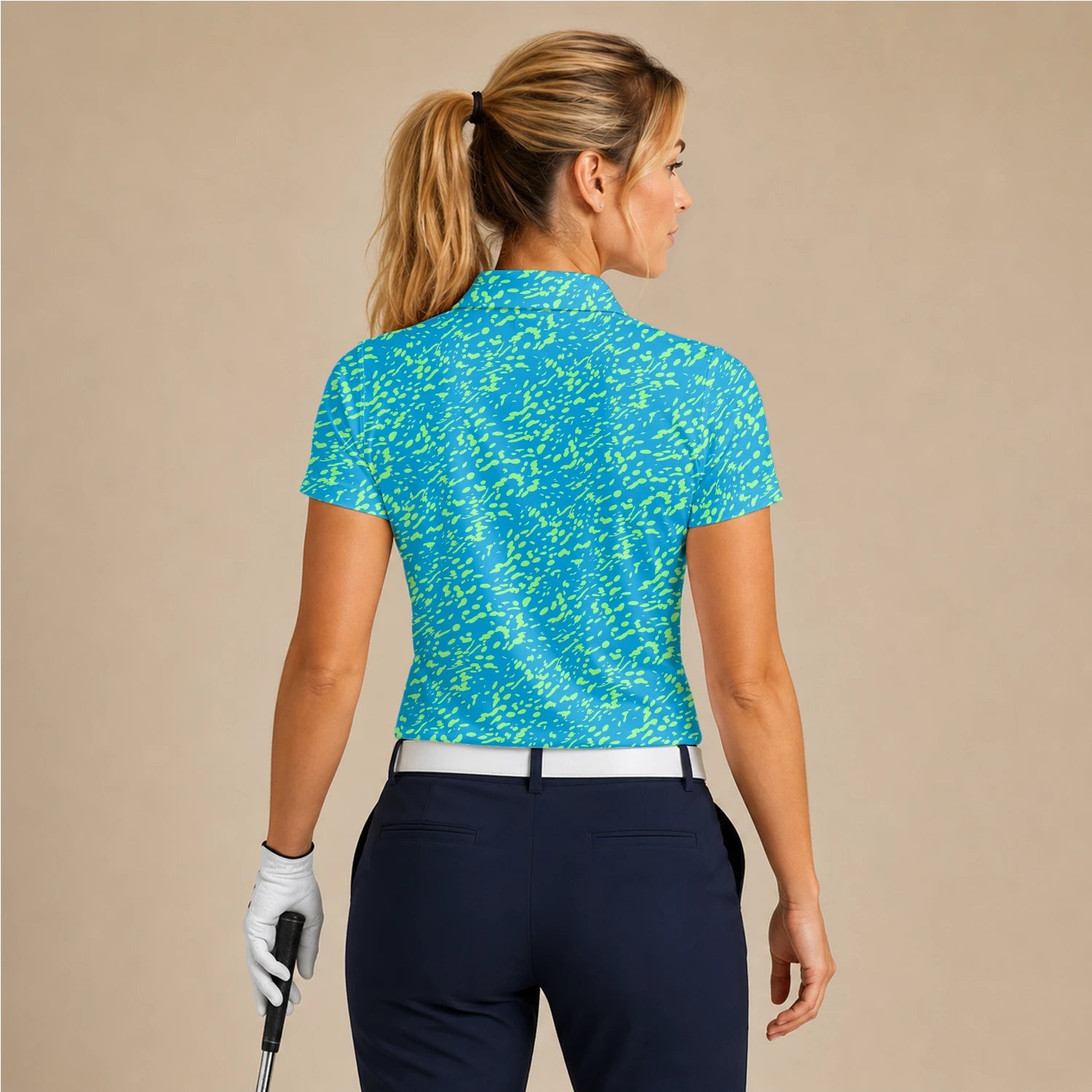 Personalised Turquoise Lime Paint Splatter Golf Polo Shirt For Women G8287