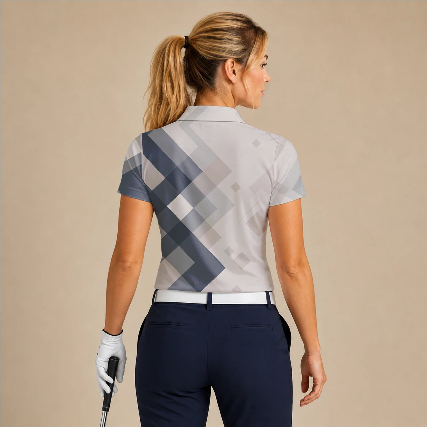 Personalised Beige Grey Argyle Golf Polo Shirt For Women Z6499
