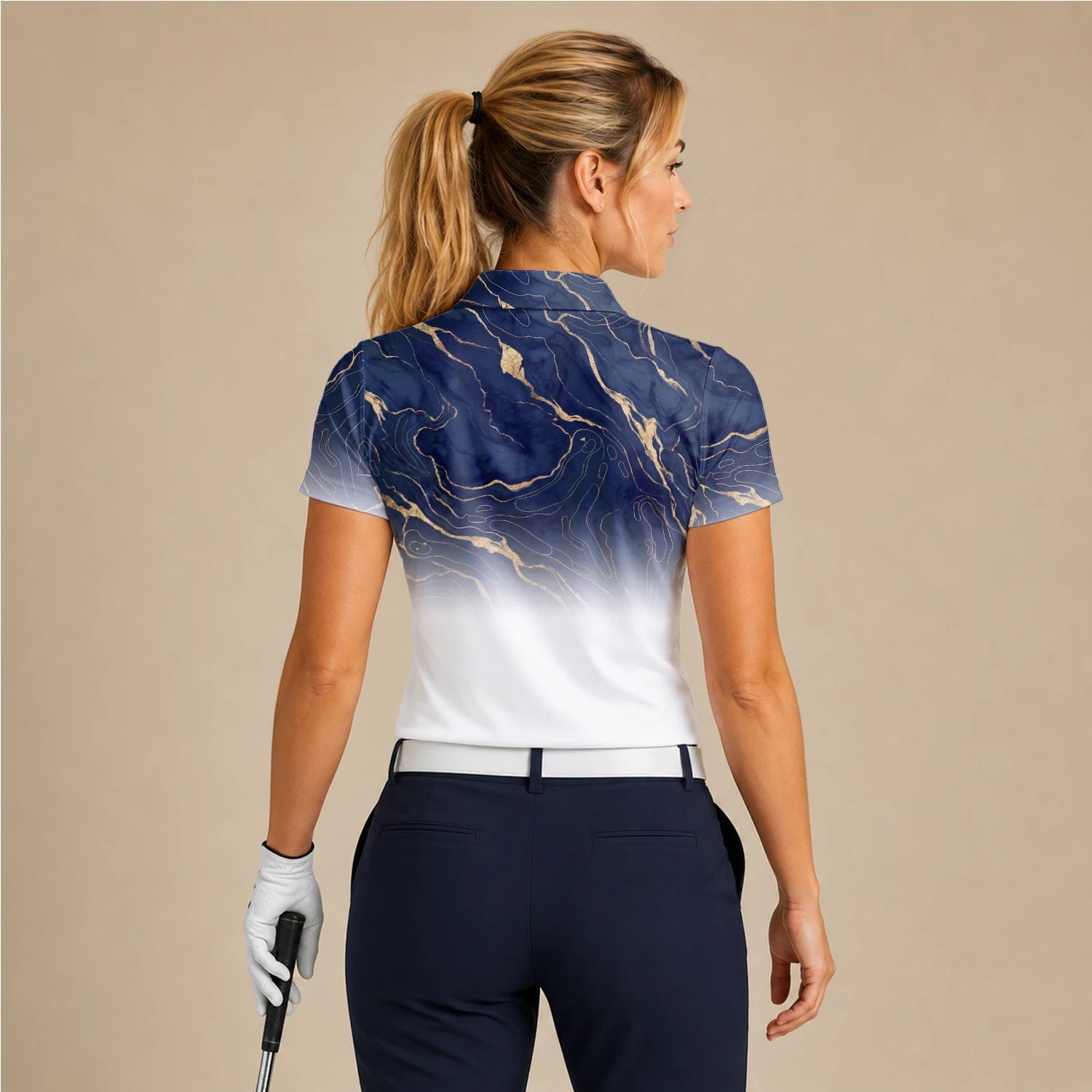 Personalised Navy White Marble Gold Vein Golf Polo Shirt For Women U5613