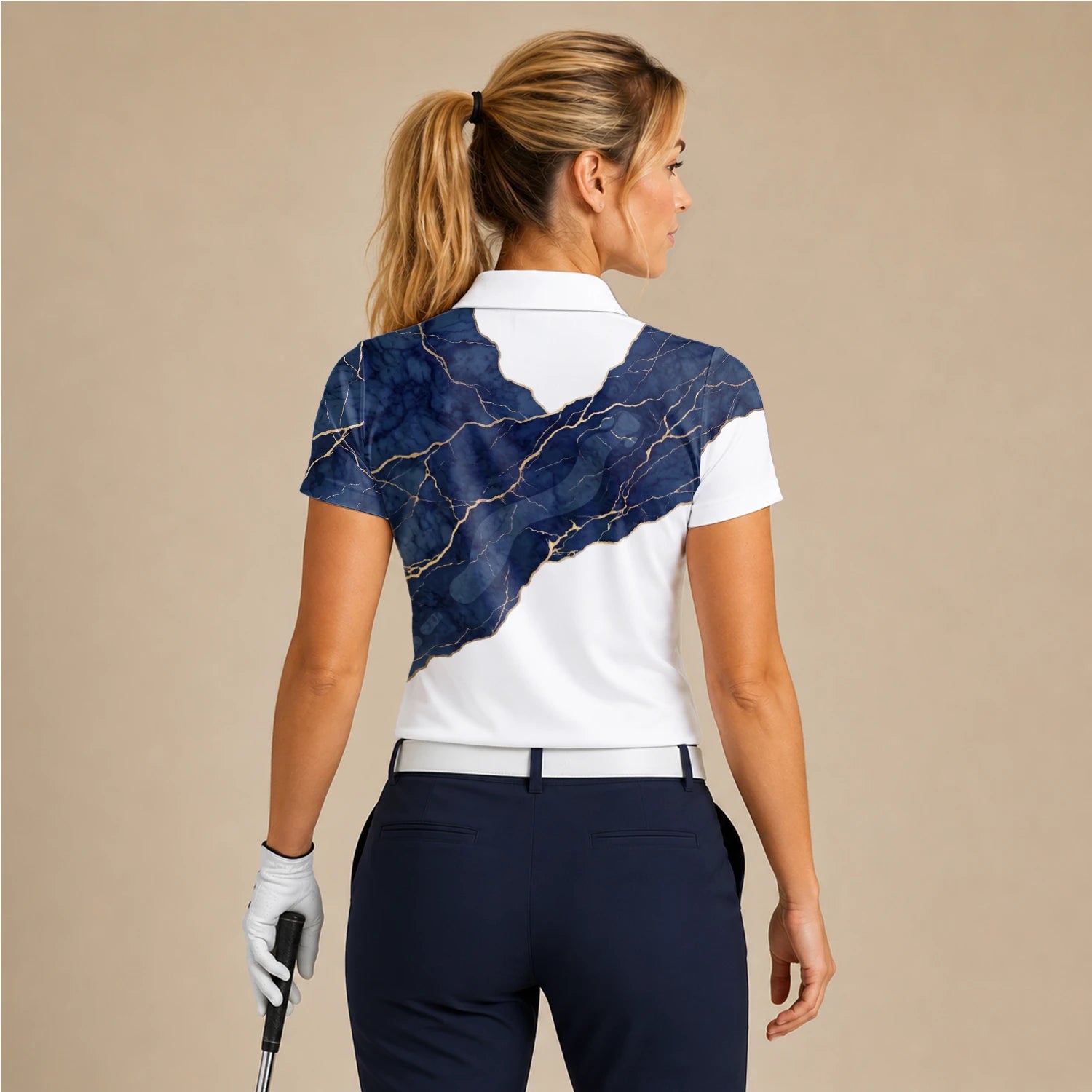 Personalised White Navy Marble Gold Vein Golf Polo Shirt For Women B4939