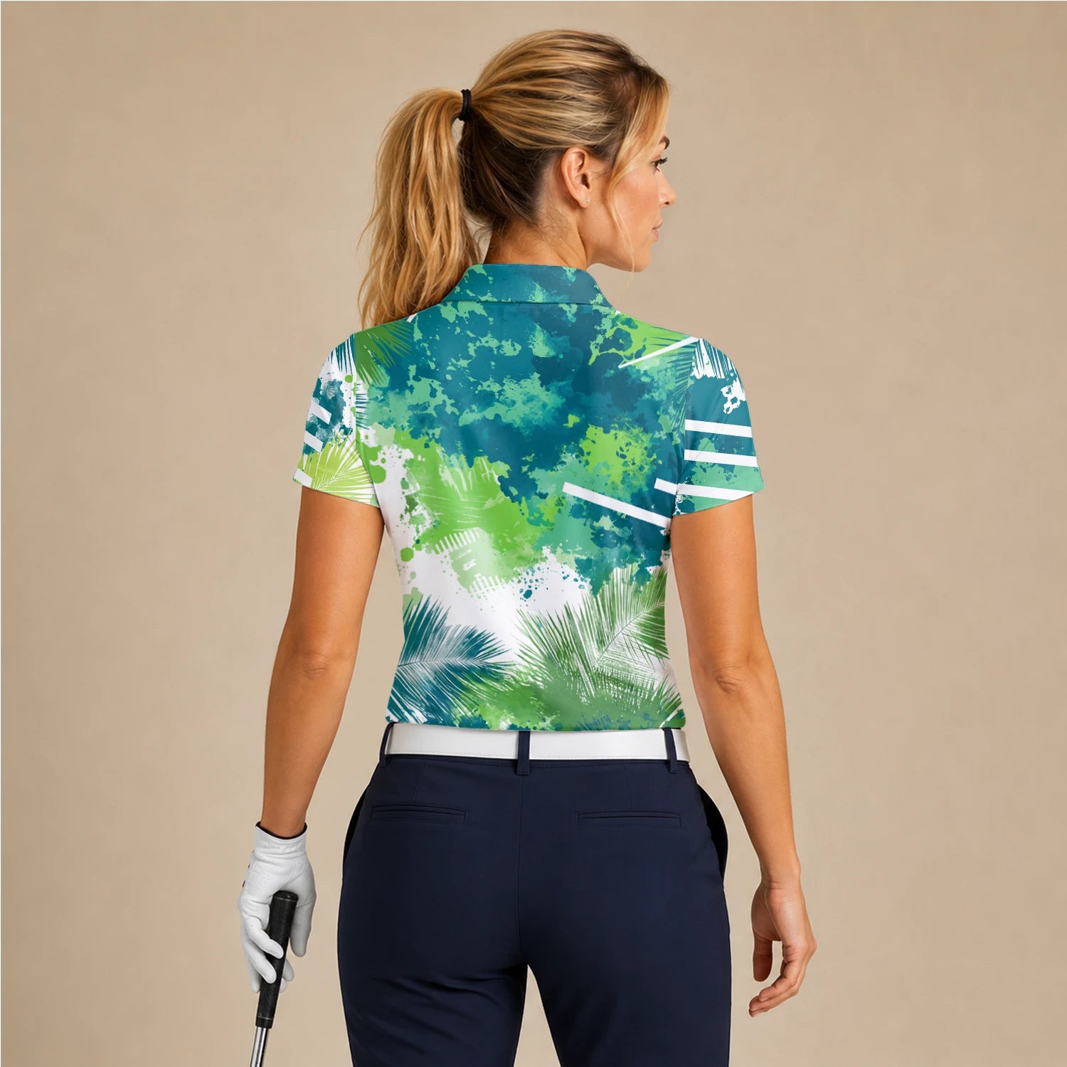 Personalised Green Blue Tropical Leaf Paint Splash Golf Polo Shirt For Women B7869