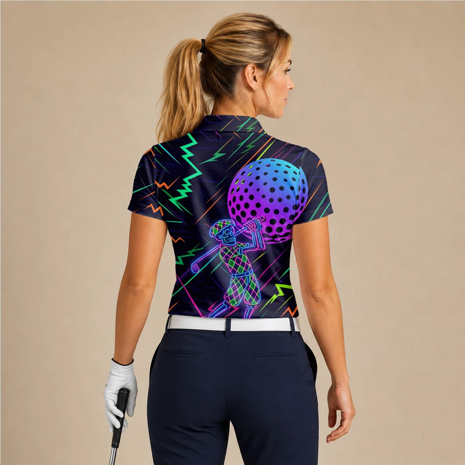 Personalised Black Neon Golfer Wireframe Golf Polo Shirt For Women L1481