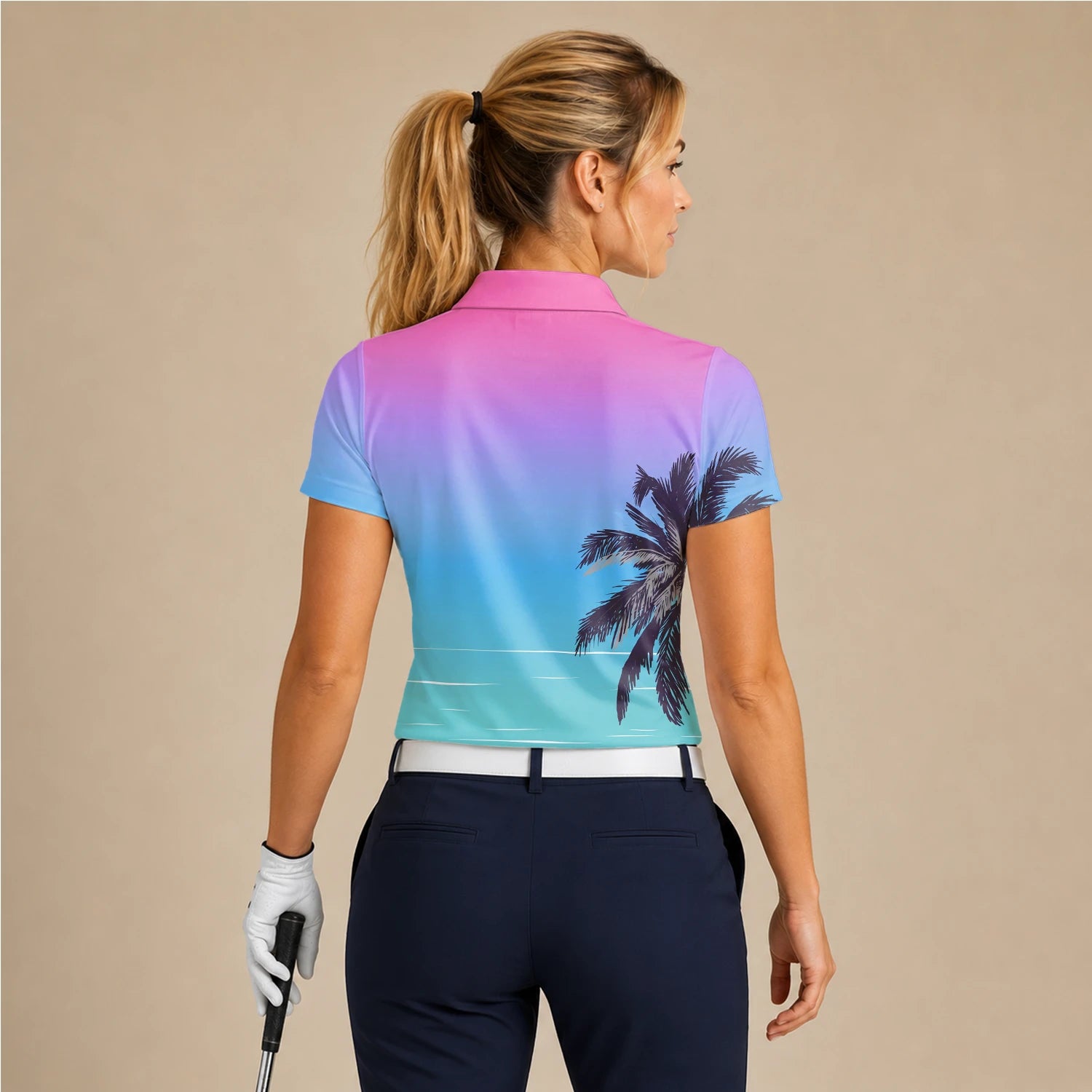 Personalised Pink Blue Palm Beach Sunset Golf Polo Shirt For Women Q3519