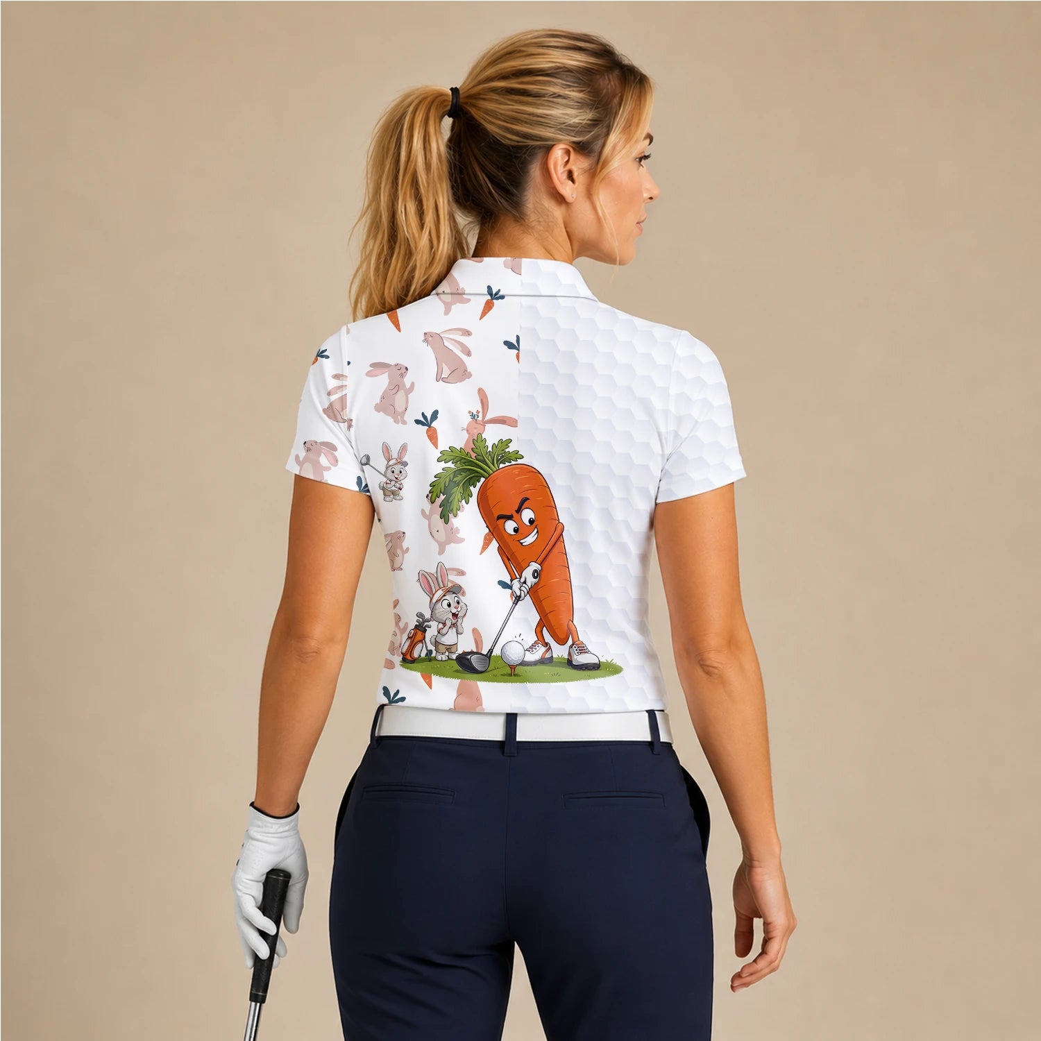 Personalised White Carrot Bunny Golfer Cartoon Golf Polo Shirt For Women Y6359