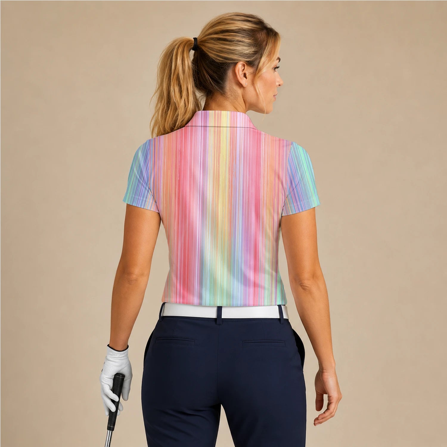 Personalised Pastel Rainbow Stripe Golf Polo Shirt For Women C5307
