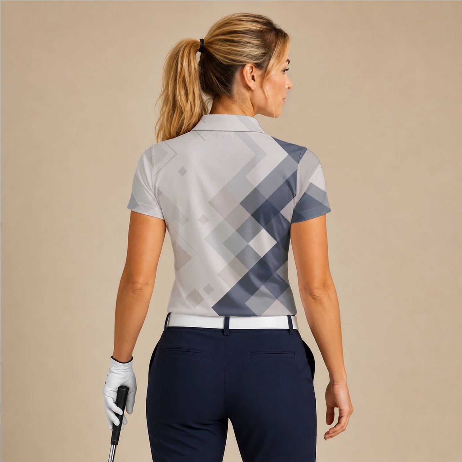 Personalised Beige Grey Argyle Golf Polo Shirt For Women Z6499