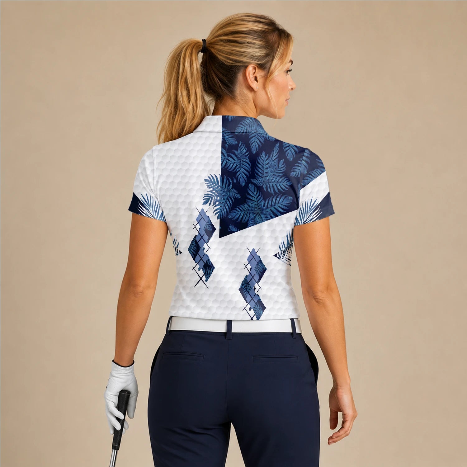 Personalised White Navy Tropical Leaf Argyle Golf Polo Shirt For Women D6549