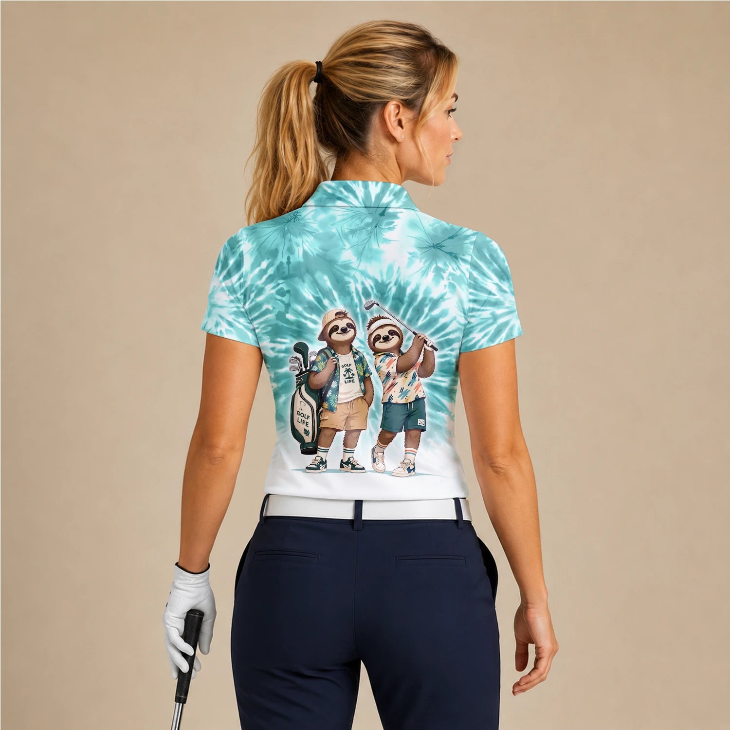 Personalised Turquoise Sloth Golfer Cartoon Golf Polo Shirt For Women C1614