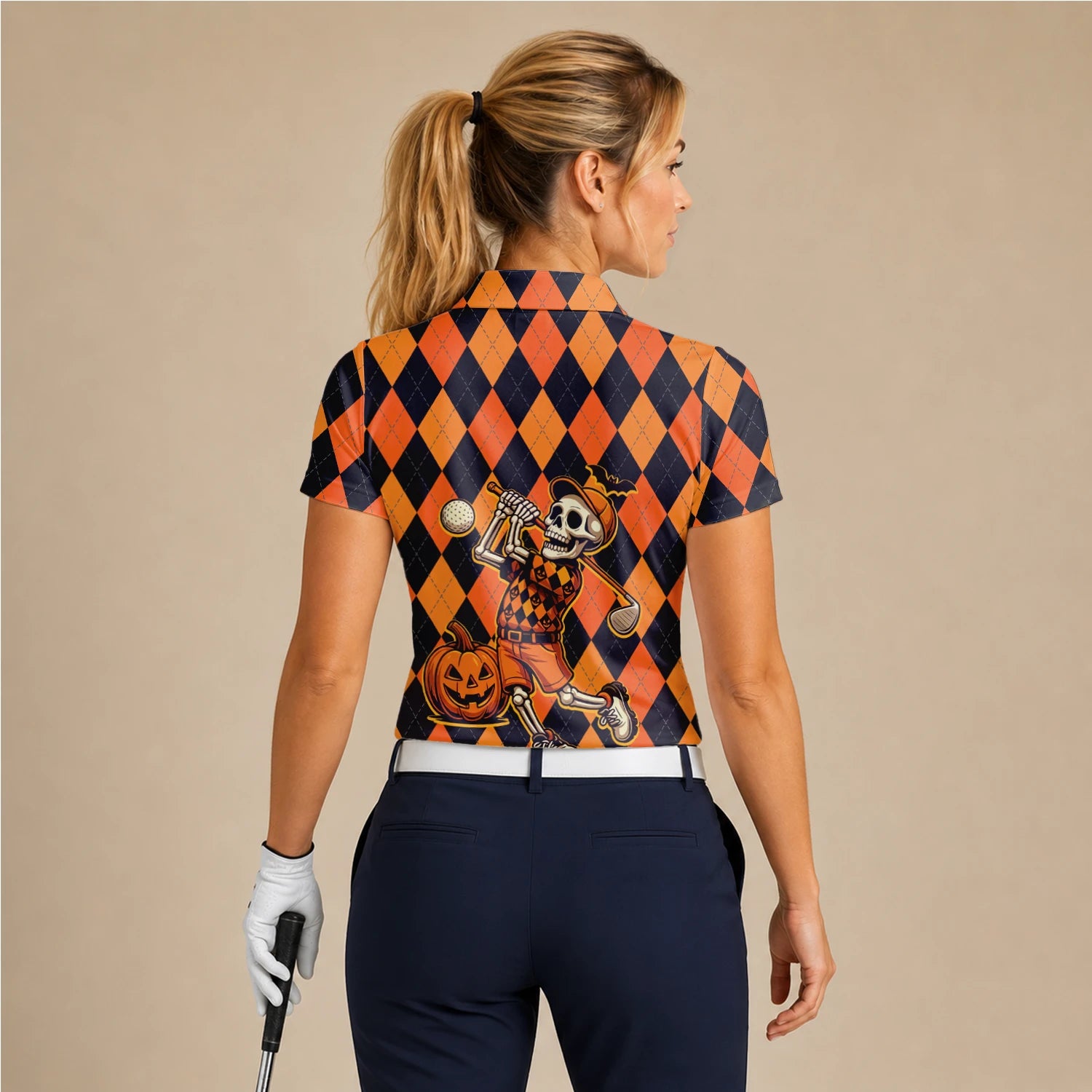 Personalised Orange Black Halloween Skeleton Golfer Argyle Golf Polo Shirt For Women I4585