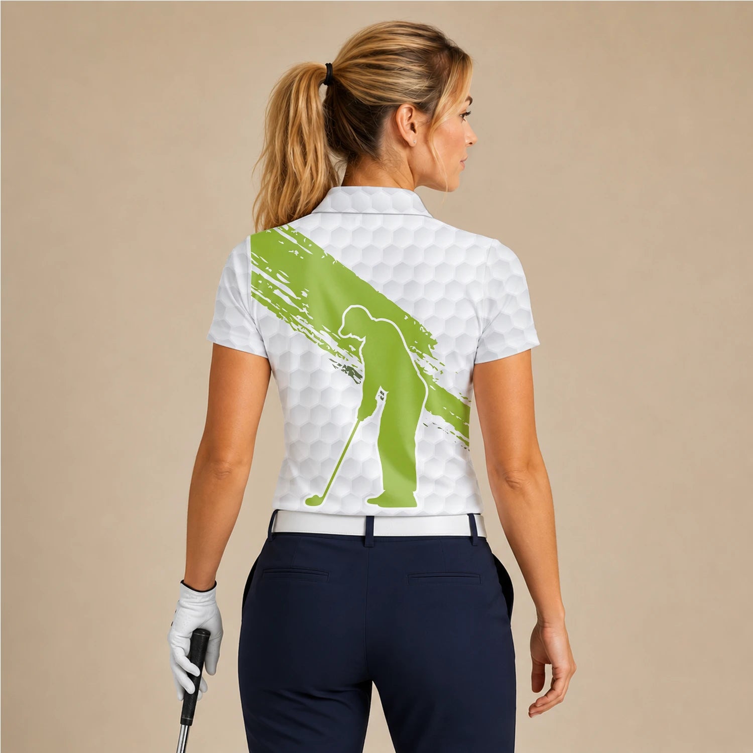 Personalised White Lime Golf Ball Texture Brush Stroke Golf Polo Shirt For Women M6914