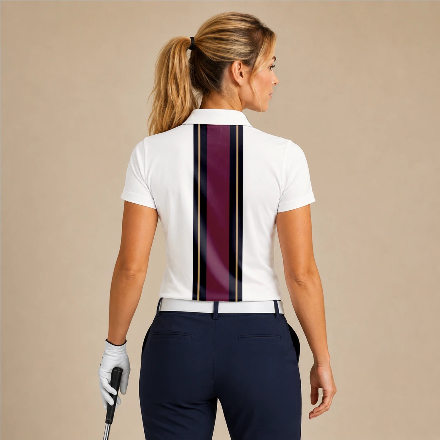 Personalised White Burgundy Black Racing Stripe Golf Polo Shirt For Women G7028