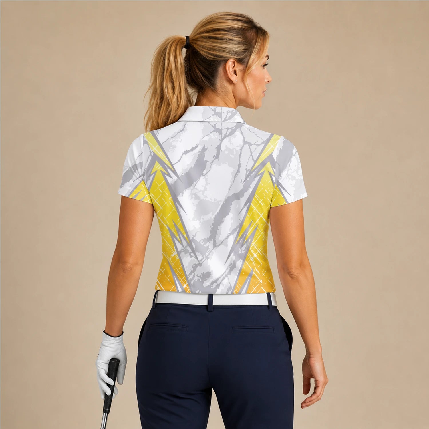 Personalised White Grey Yellow Marble Stripe Golf Polo Shirt For Women T6326