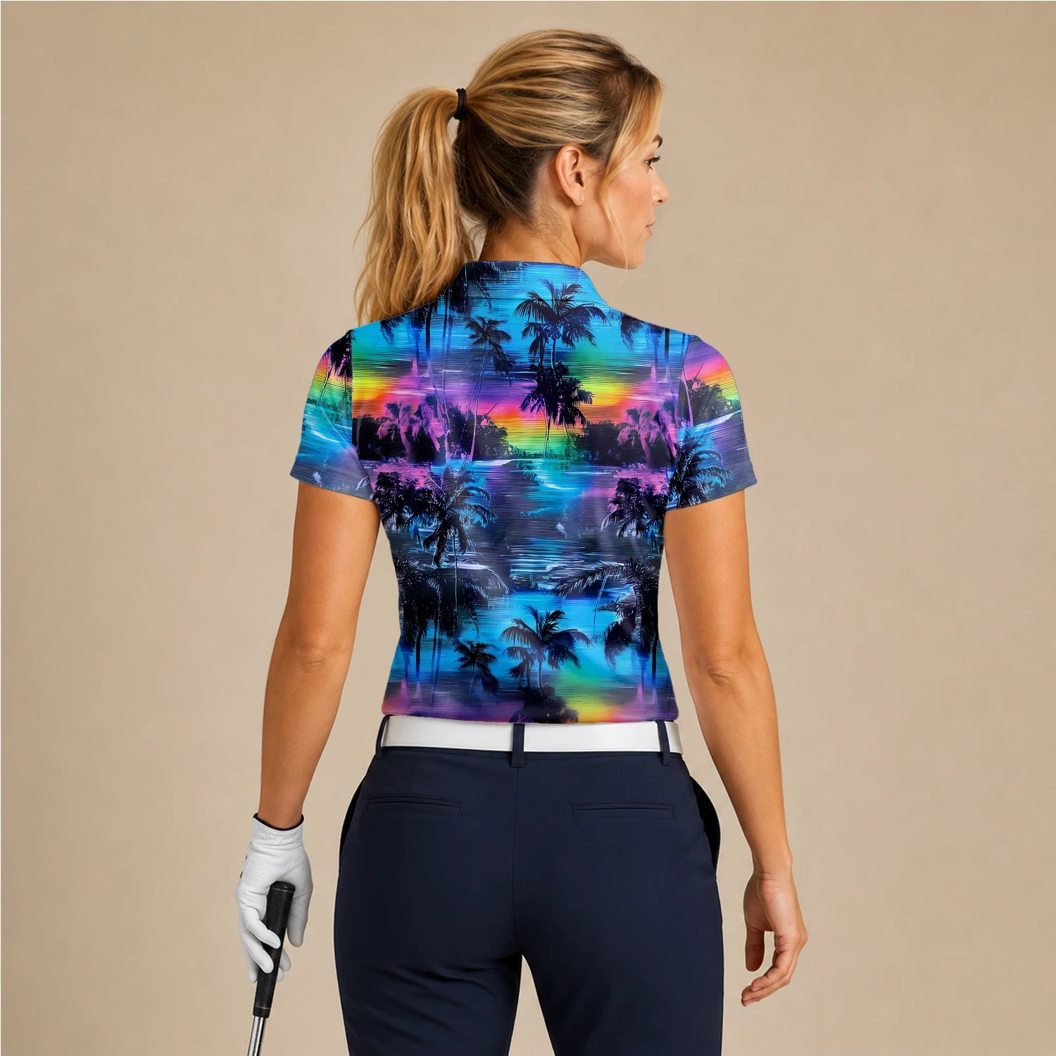 Personalised Blue Purple Palm Sunset Golf Polo Shirt For Women K8435