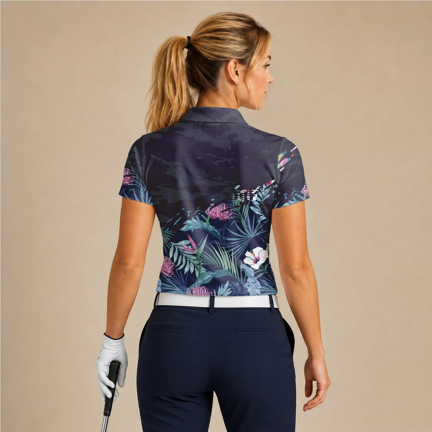 Personalised Navy Tropical Floral Leaf Golf Polo Shirt For Women N4110