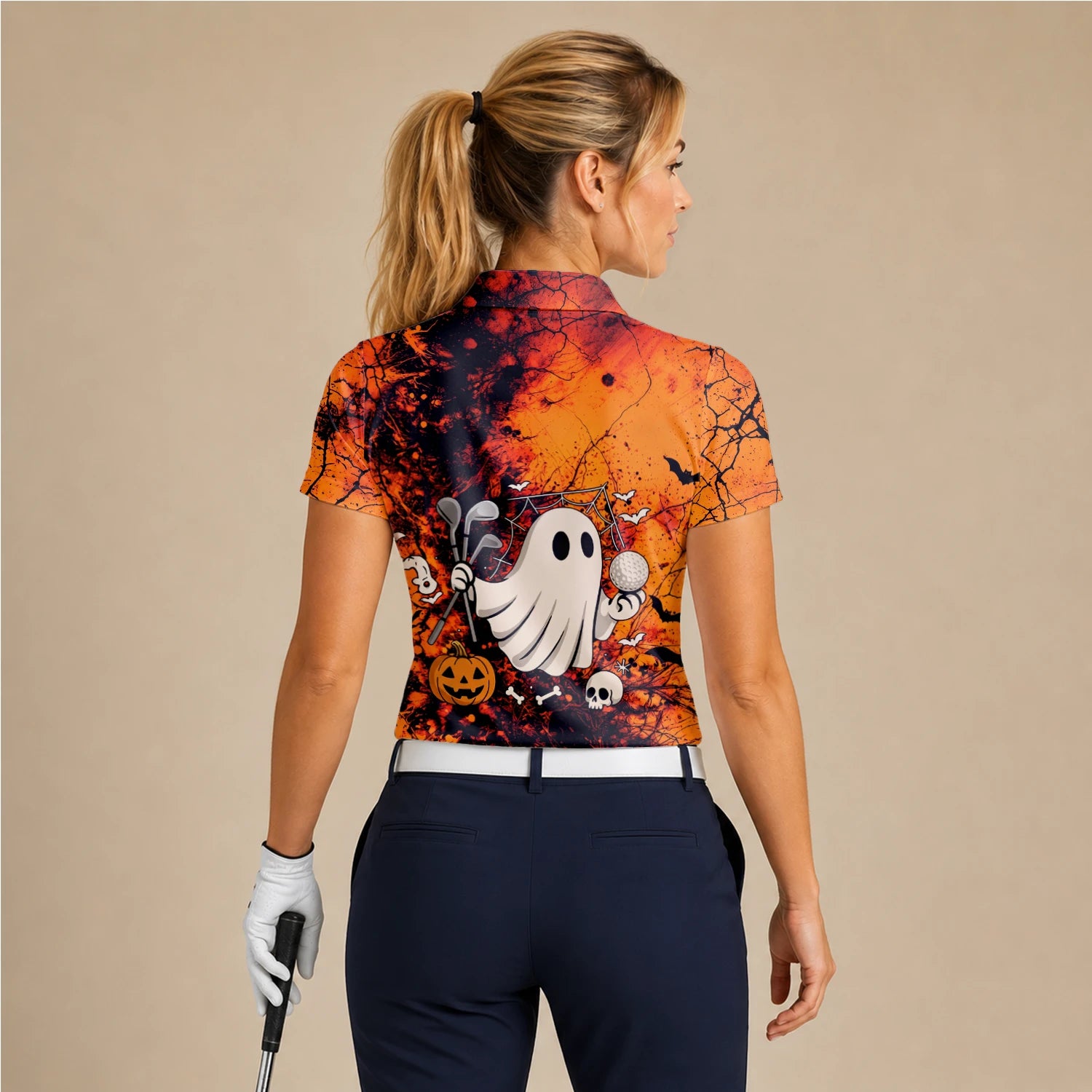 Personalised Orange Halloween Ghost Golfer Golf Polo Shirt For Women M0695
