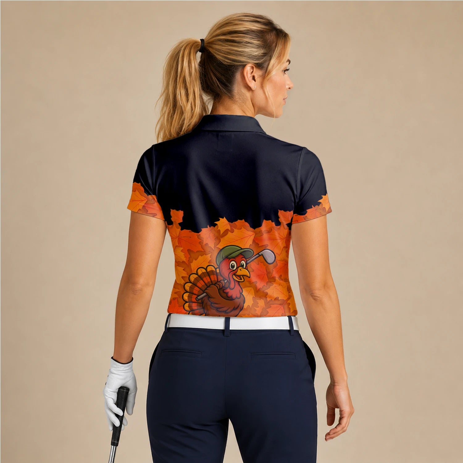 Personalised Black Orange Thanksgiving Turkey Golfer Golf Polo Shirt For Women W0964