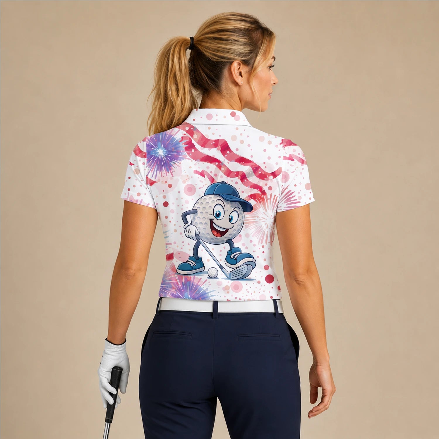 Personalised White Pink Golf Ball Cartoon Firework Golf Polo Shirt For Women C2083