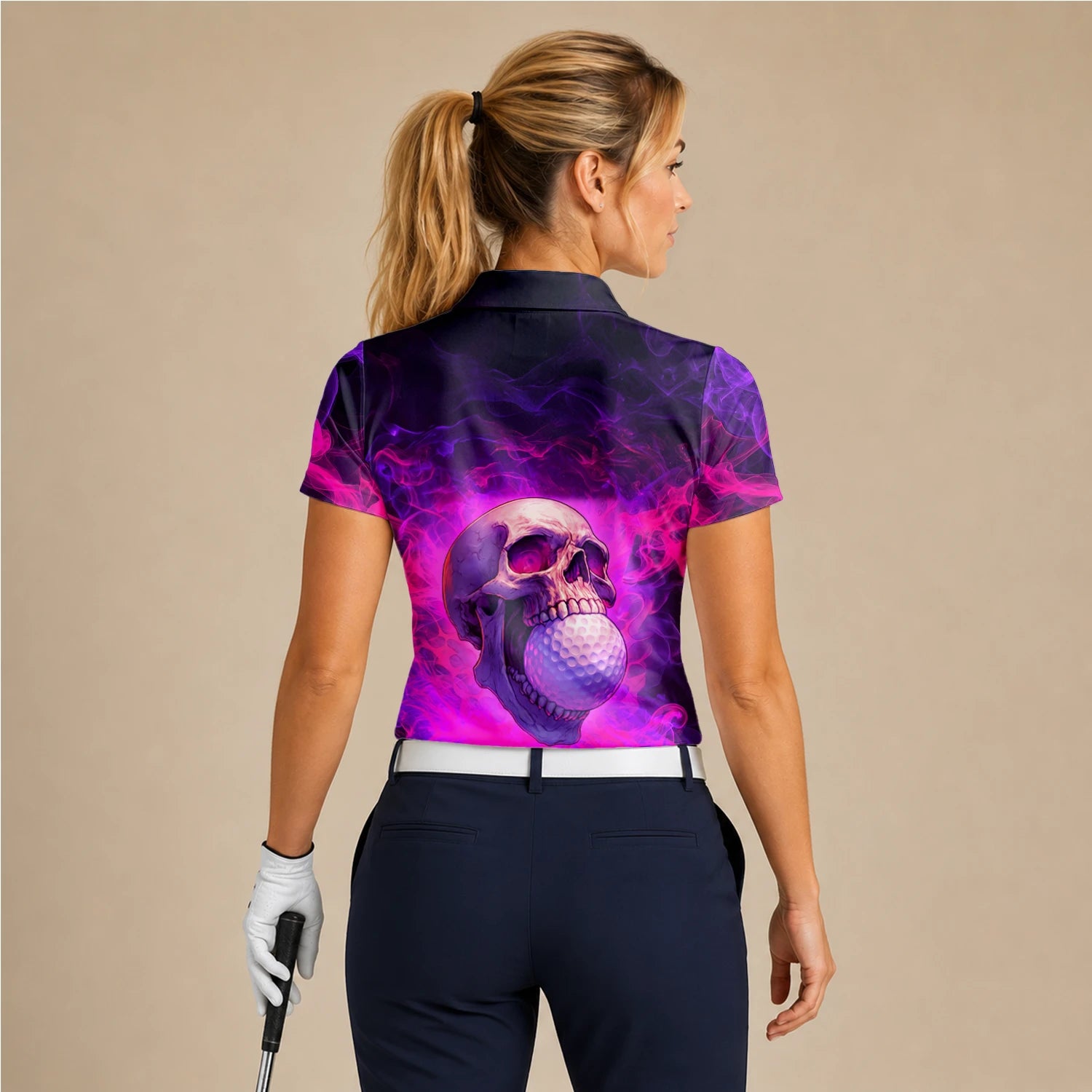Personalised Purple Pink Skull Golf Ball Smoke Golf Polo Shirt For Women L7637