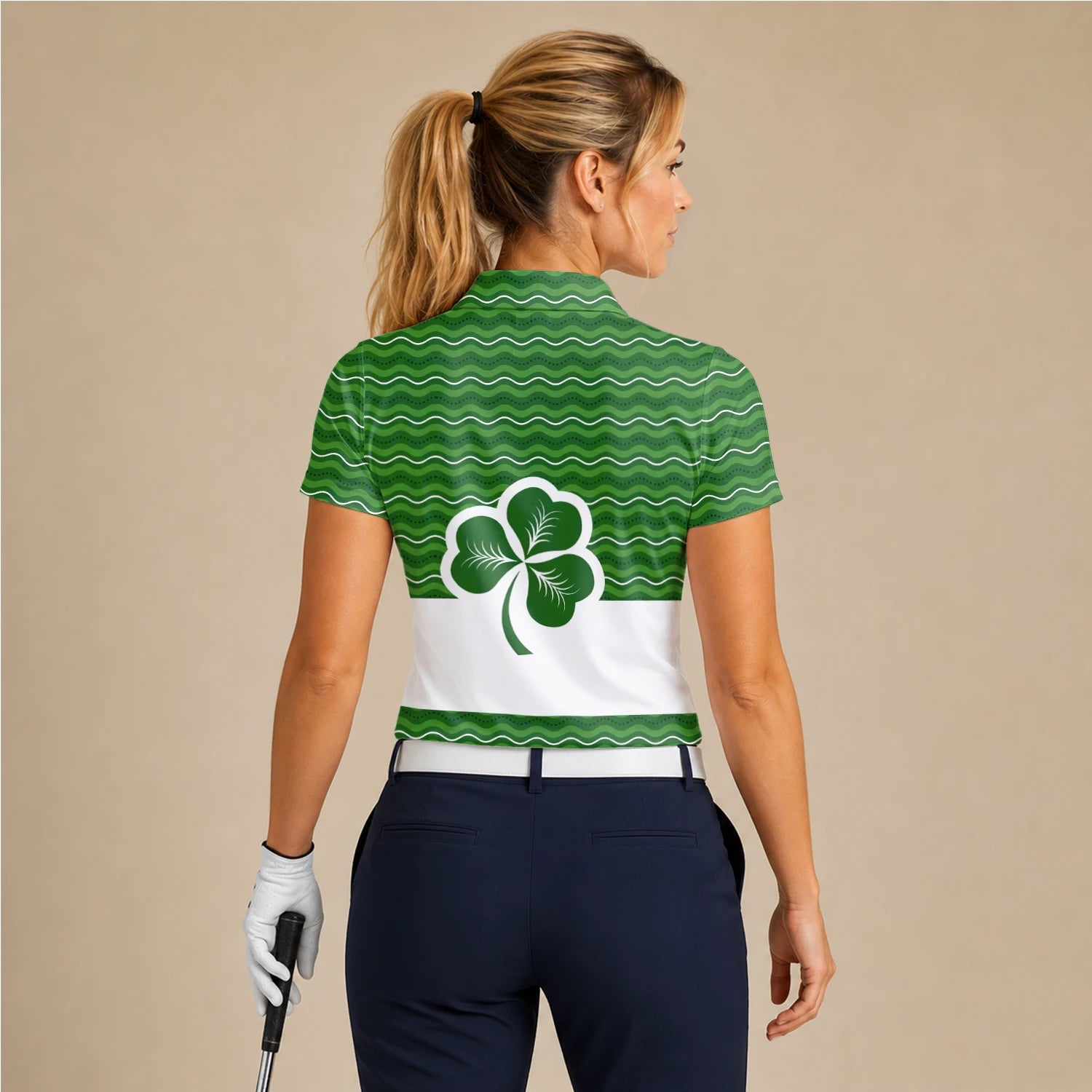 Personalised Green Shamrock Wave Golf Polo Shirt For Women I6128
